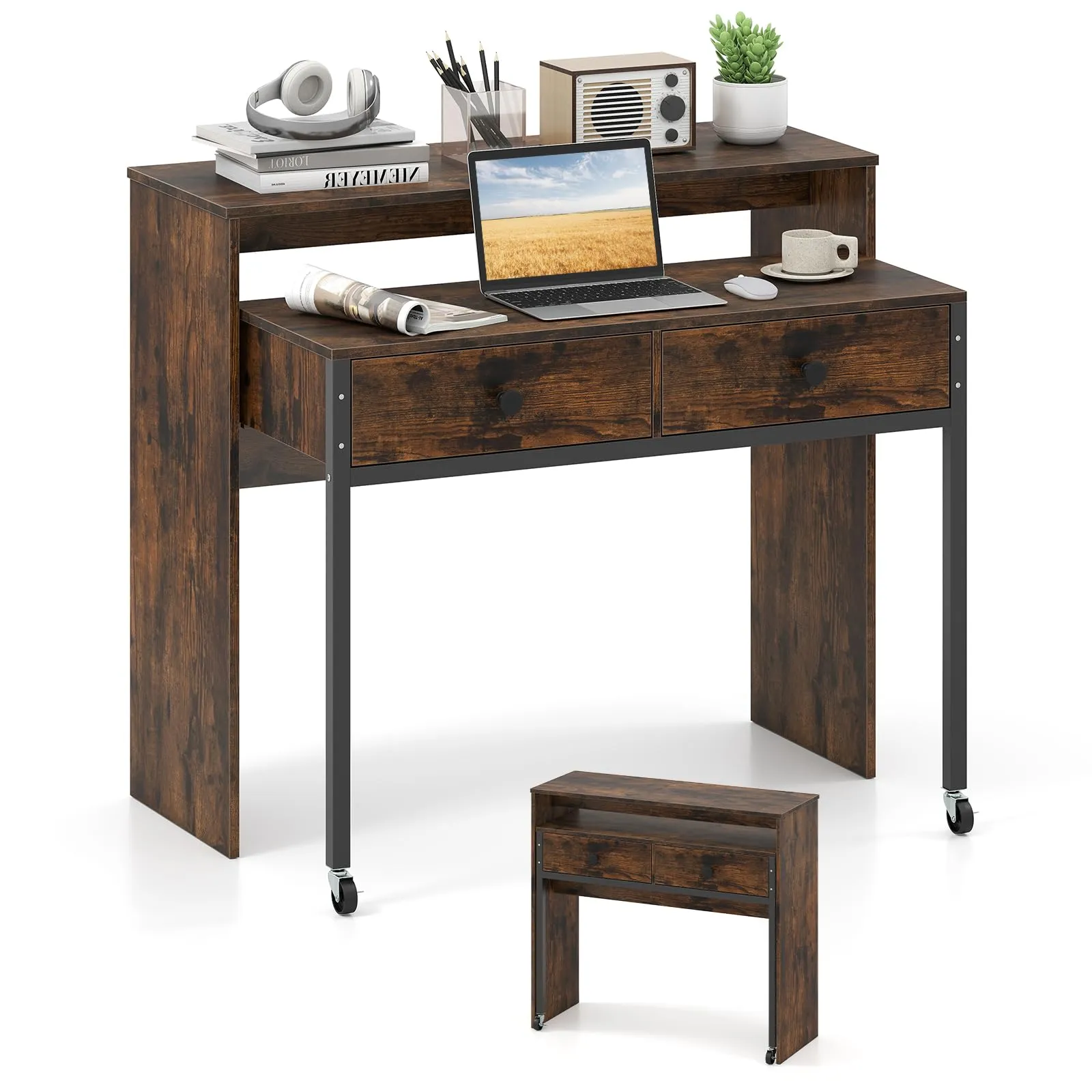 COSTWAY Scrivania per Computer, Tavolo Salvaspazio Retrattile con Cassetti e Ruote Universali Bloccabile, 100 x 63 x 88 cm, Desk Gaming per Ufficio, Soggiorno e Camera da Letto (Marrone)