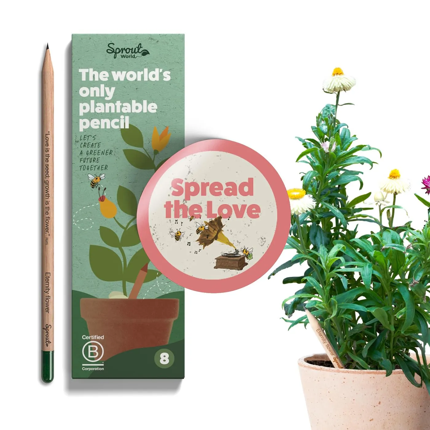 SproutWorld Matita | Edizione Spread the Love | Set di 8 Matite Piantabili con Semi di Fiori, Erbe e Verdure | Legno Ecosostenibile | Set Regalo Ecologico con Cuore e Frasi Tenere