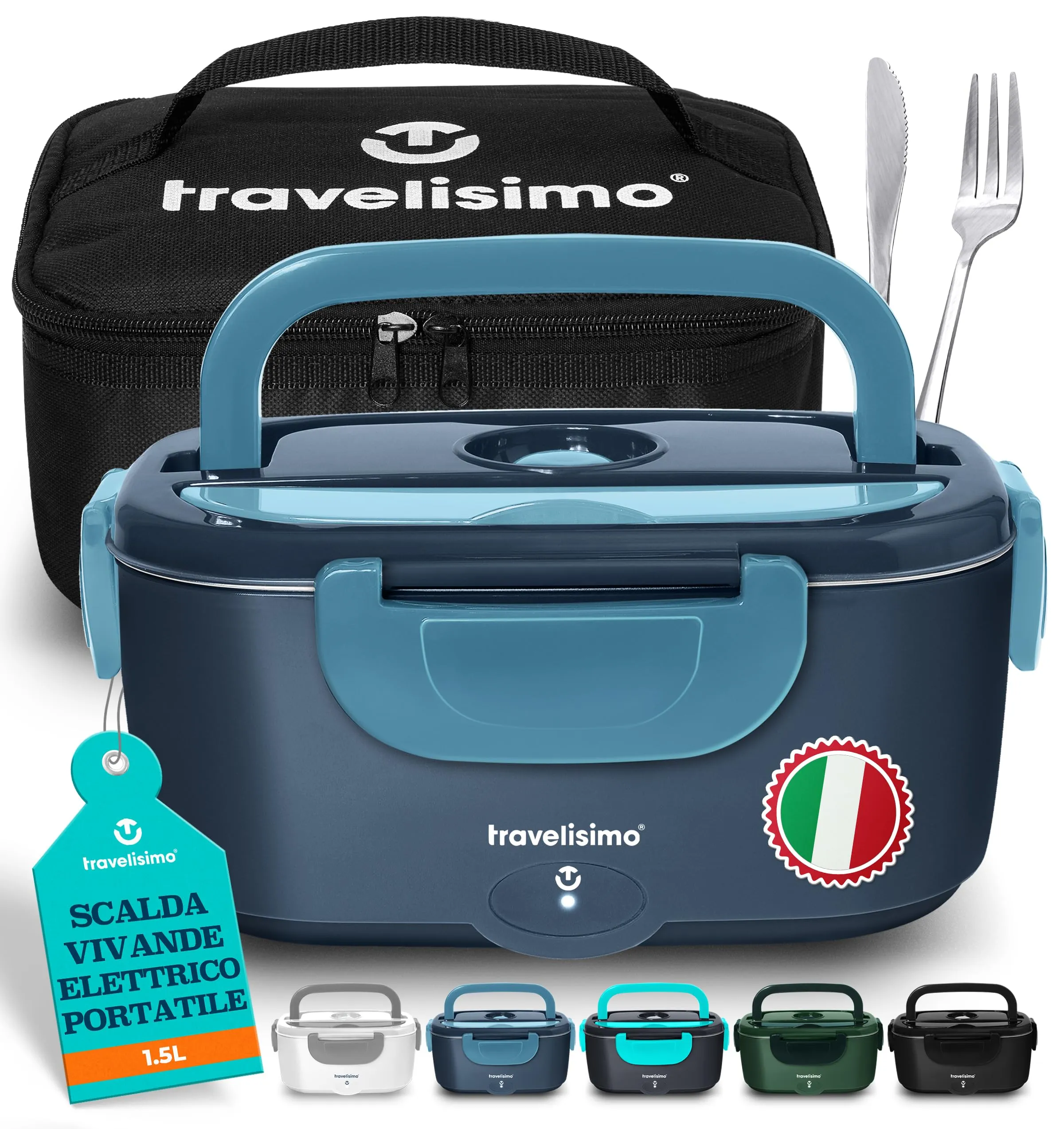 TRAVELISIMO Scaldavivande Elettrico Portatile, 80W 1,5L Porta Pranzo Riscaldabile, 220V/12V/24V Scalda Vivande Portatile Elettrico per Auto Camion e Ufficio, Lunch Box Termico di Acciaio Inossidabile