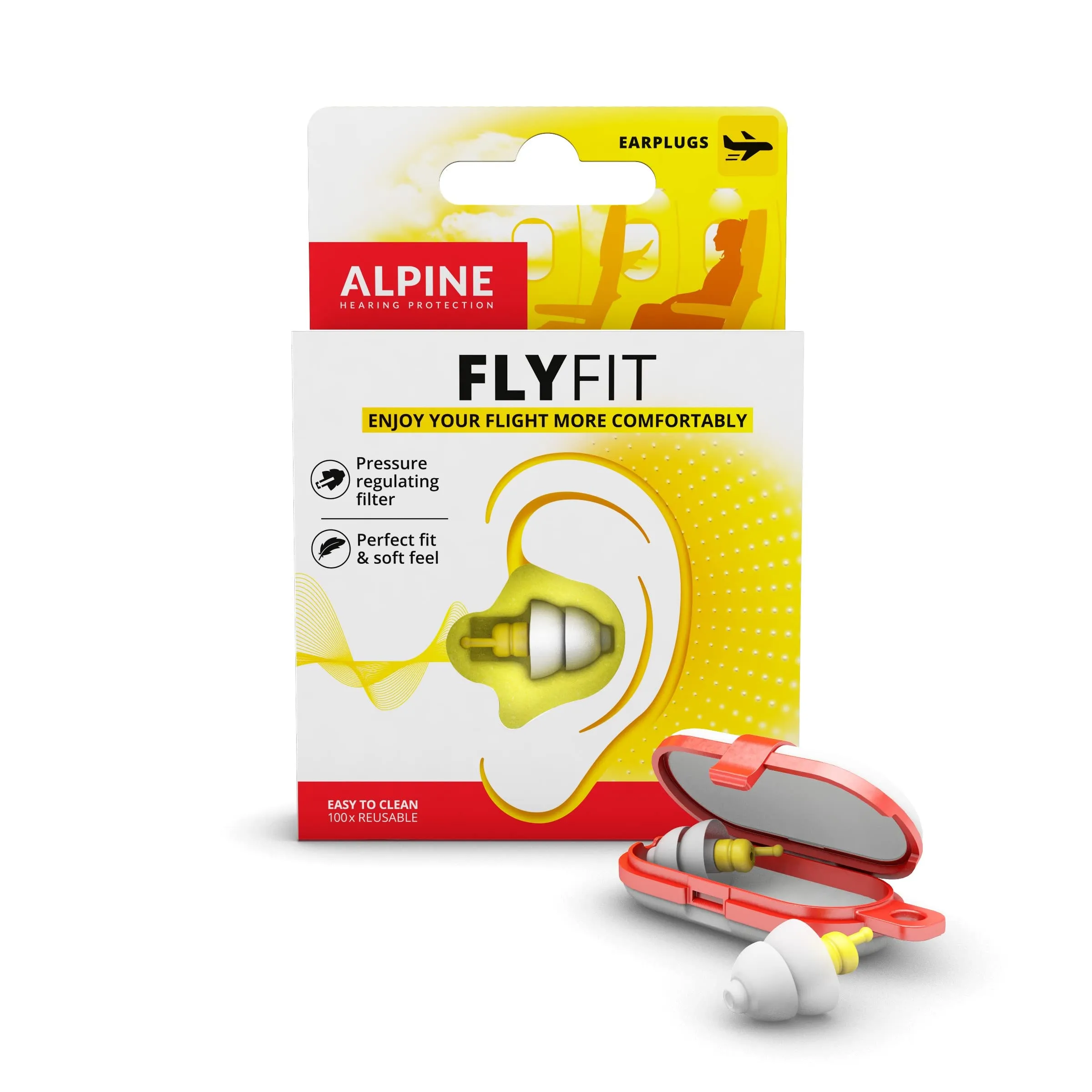 Tappi Alpine FlyFit – Regola la pressione per prevenire dolore al timpano – Filtri morbidi studiati per viaggiare – Materiale ipoallergenico confortevole – Tappi riutilizzabili