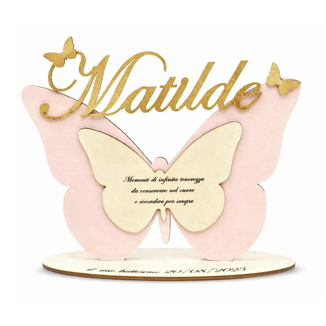 Scritta in Legno Personalizzata 8mm Farfalla | Nome Inciso al Laser 25 cm | Topper per Tavolo Torta, Gadget o Decorazione Lavorazione Doppia, Doppio colore in Rilievo.