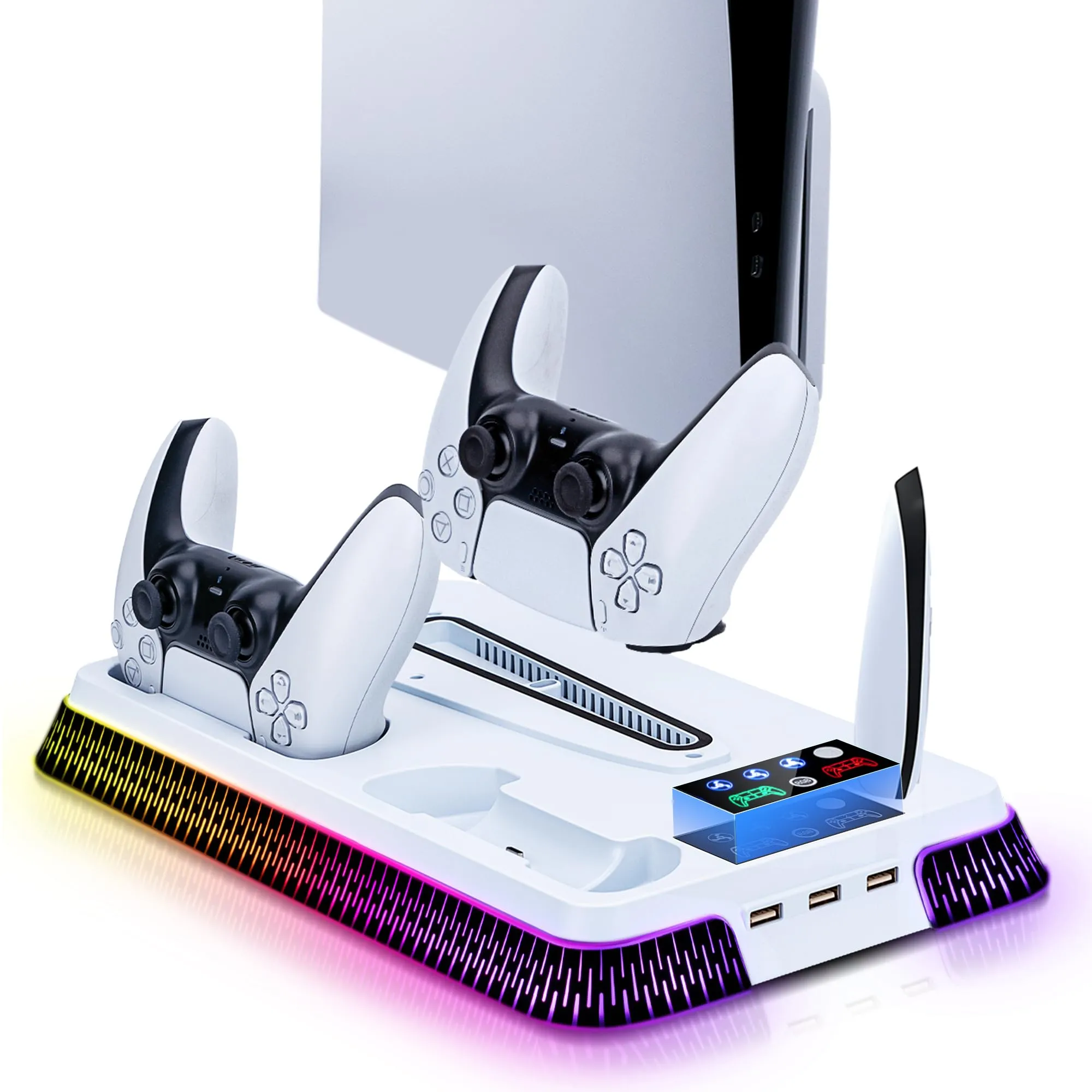 Wigearss Supporto Verticale Raffreddamento PS5/PS5 Slim/PS5 Pro con Doppio Caricatore Controller, Base di Ricarica Joystick PS5 con Ventola Raffreddamento, Illuminazione RGB per PS5/PS5 Slim/PS5 Pro