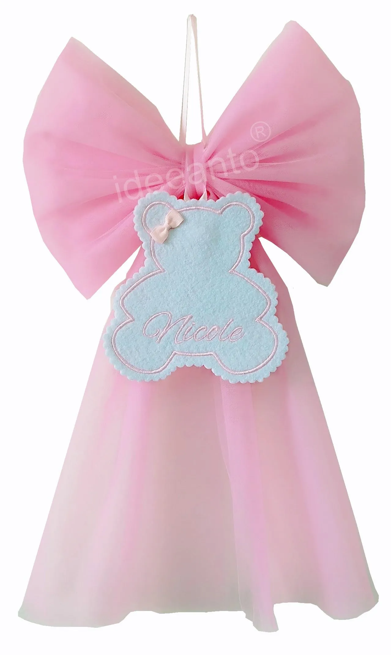 Fiocco nascita ricamato personalizzabile con nome orsetto, in tulle rosa e azzurro bimbo bimba