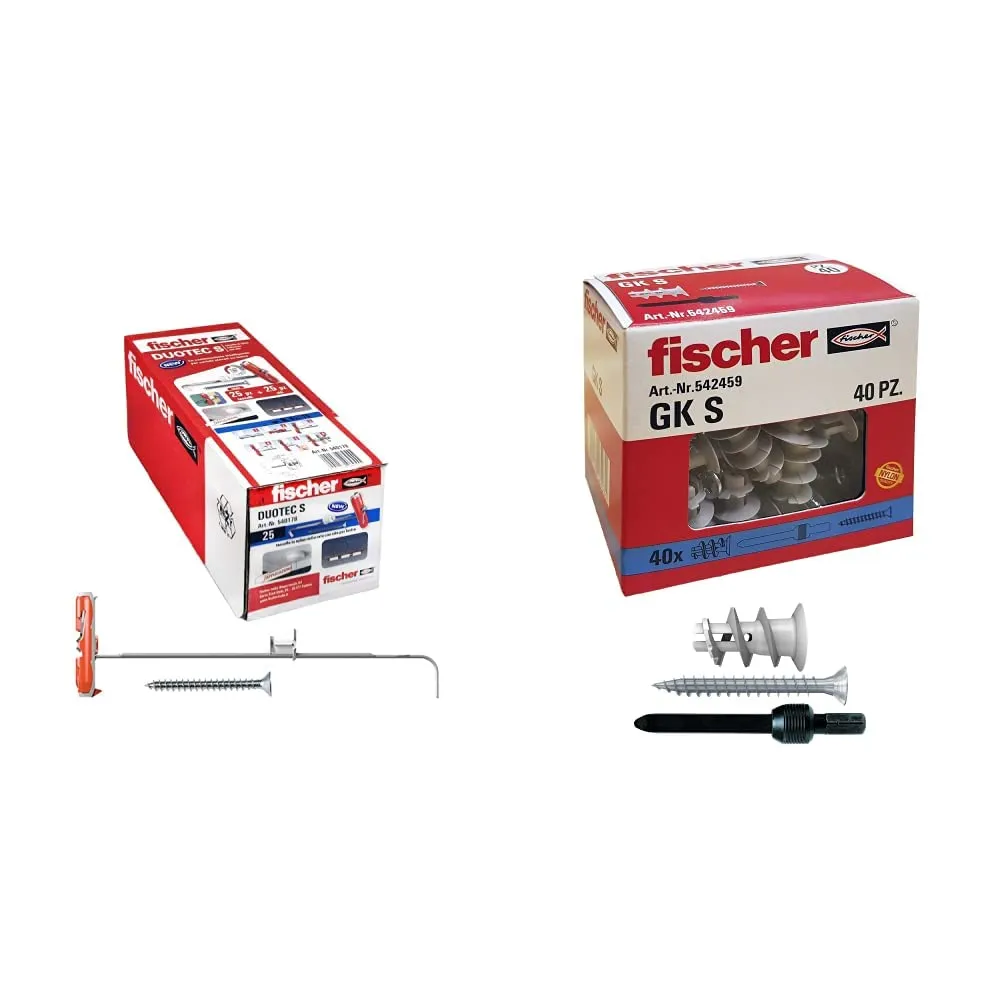 Fischer 25 Tasselli per Cartongesso DUOTEC 10 S con Vite, Fissaggio ad Ancora per Carichi Elevati su Pannelli e Lastre & 542459 40 Tasselli GK con Vite specifici per Cartongesso