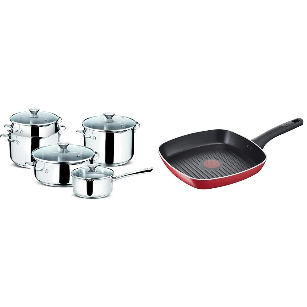 Lagostina Smart Set di Pentole Induzione, Gas e Forno in Acciaio Inox 18/10, 9 Pezzi & Grill Antiaderente in Alluminio 26x26 cm, Induzione, Gas e Forno