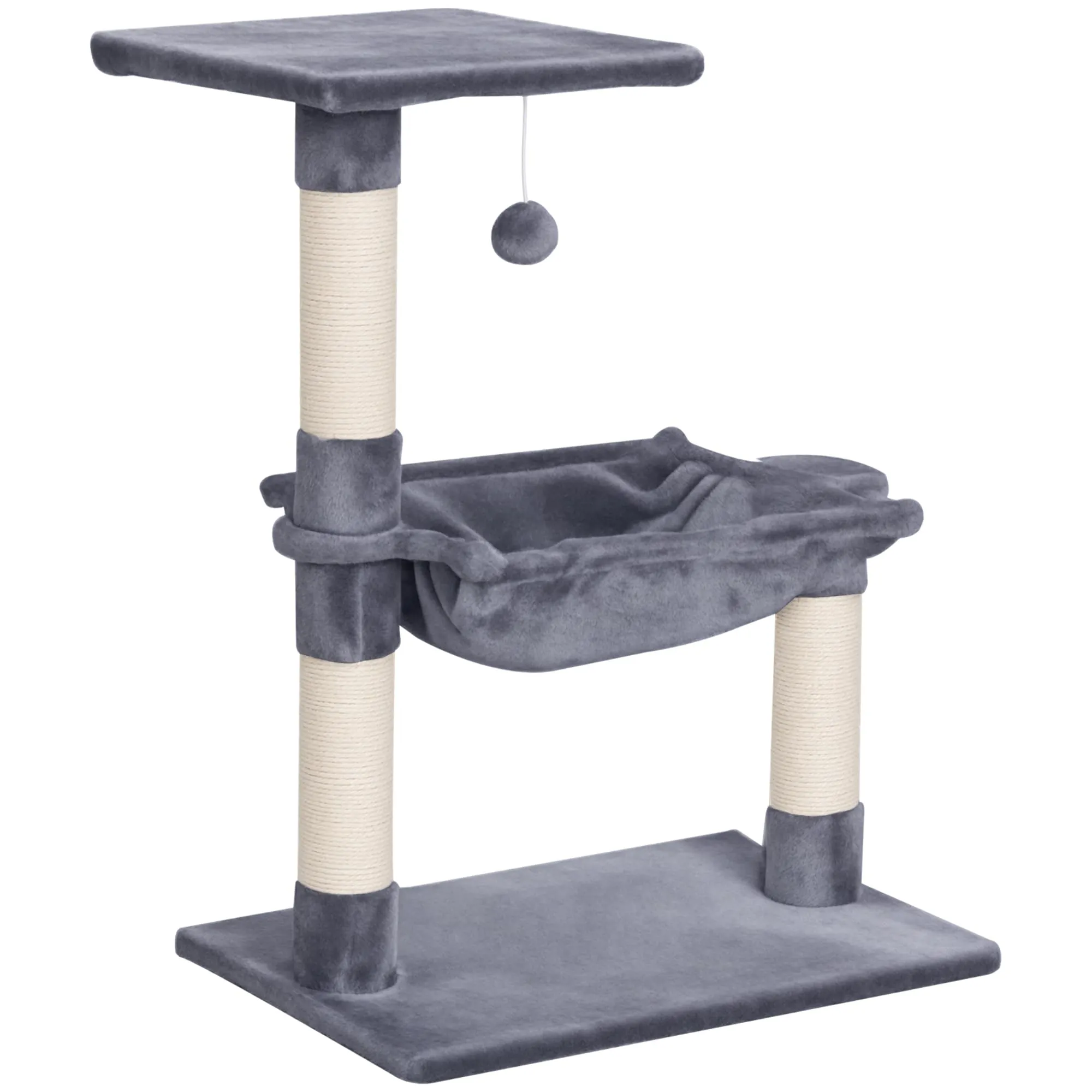 PawHut Albero Tiragraffi per Gatti in Legno e Peluche, Torre per Gatti con Pallina Appesa e Amaca, 50x36x70 cm, Beige
