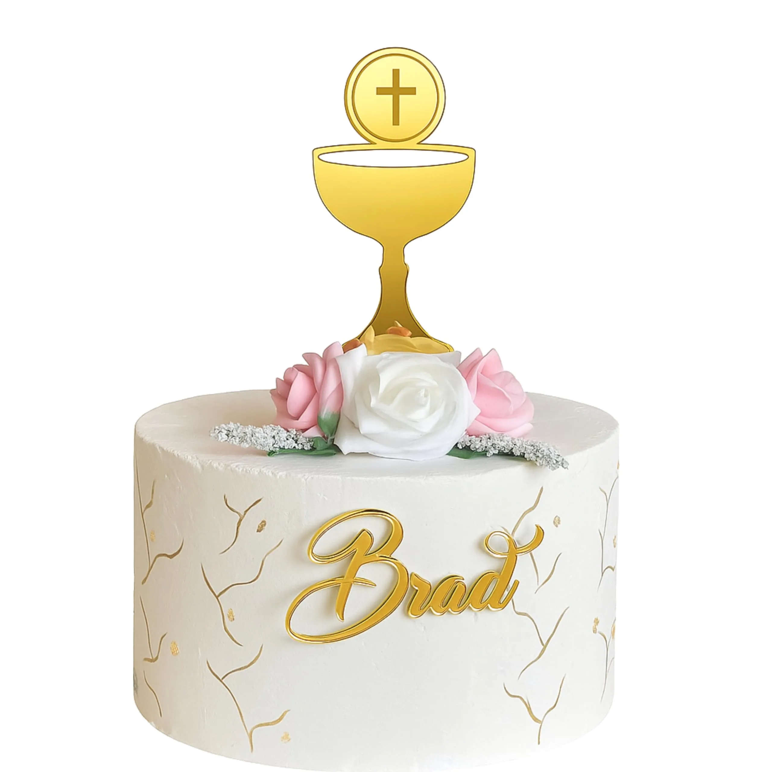 Cake topper per torta calice personalizzato, Personalizzabile nome o scritto cresima, Croce incisa, Prima Comunione, Dio ti benedica, Decorazioni per Torte, Dimensioni e colori disponibili