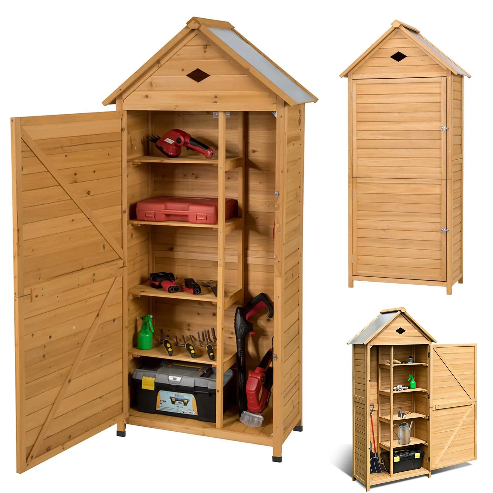 RELAX4LIFE Armadio da Esterno con Tetto Antipioggia in Lamiera Zincata, 4 Ripiani Rimovibili, 2 Porte, 2 Mini Chiavistelli, Casetta in Legno per Giardino (80x45x177cm)