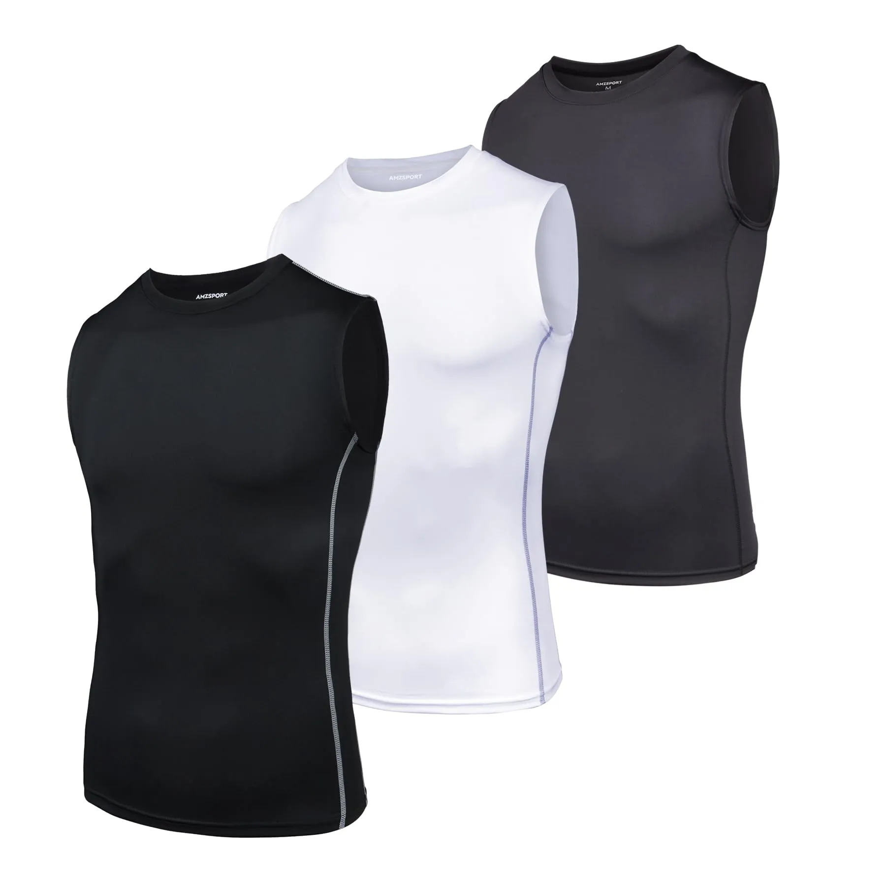 AMZSPORT Canotta Compressione da Uomo Sport Senza Maniche Base Layer Asciugatura Rapida Top Nero Bianco Grigio (Confezione da 3) L