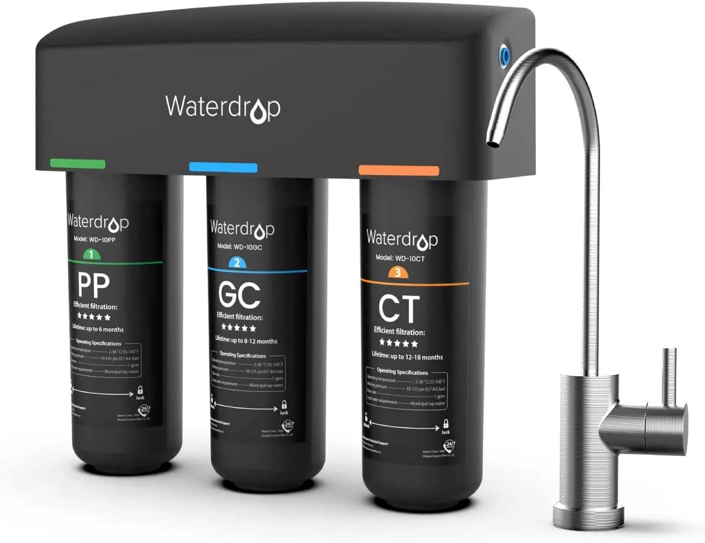 Waterdrop TSA Filtro Acqua Sistema, 3 Stadi Depuratore Acqua Domestico per Sotto Bancone, Sistema di Filtraggio dell'Acqua, Certificato da NSF/ANSI 42, Rimuove Fluoruro, Piombo, Cloro, Cattivo