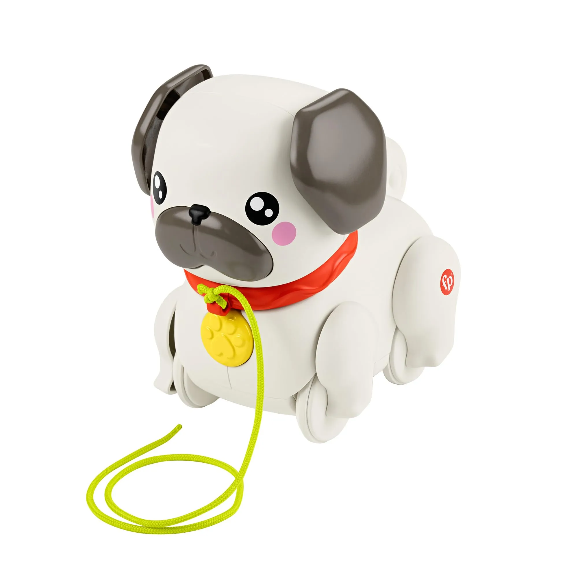 Fisher-Price Pets - Carlino Cammina con Me, cucciolo trainabile con guinzaglio e suoni, incoraggia a camminare e abbaia con il movimento, giocatolo per bambini, 12+ mesi, HTW94