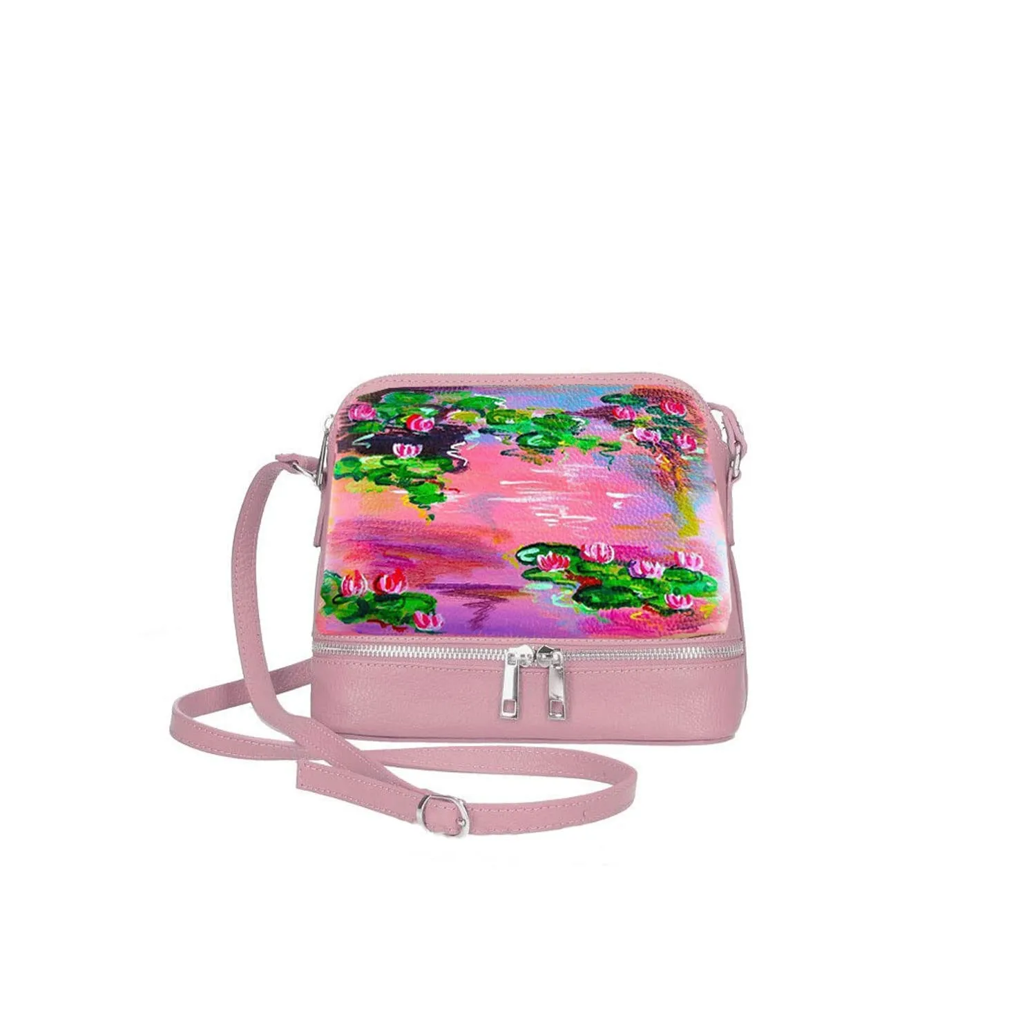 Borsa in Pelle Dipinta a Mano – LE NINFEE ROSA DI MONET – a Spalla, a Tracolla, Borsetta, Tracollina Donna, Idea Regalo, Arte Lisanti, Artigianato Italiano, Made In Italy, Vera Pelle