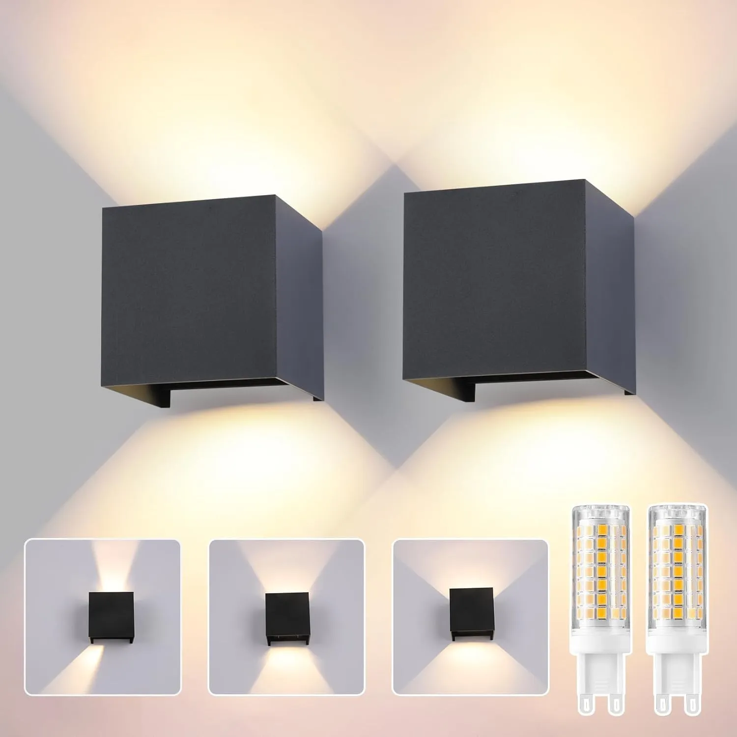 wisdom line 2 Pezzi Applique da Esterno/Interno Moderna, Lampada da Parete LED 9W 3000K (Bianco Caldo), IP65, Angolo Regolabile 120°, G9 Incluse, Antracite, per Giardino, Soggiorno