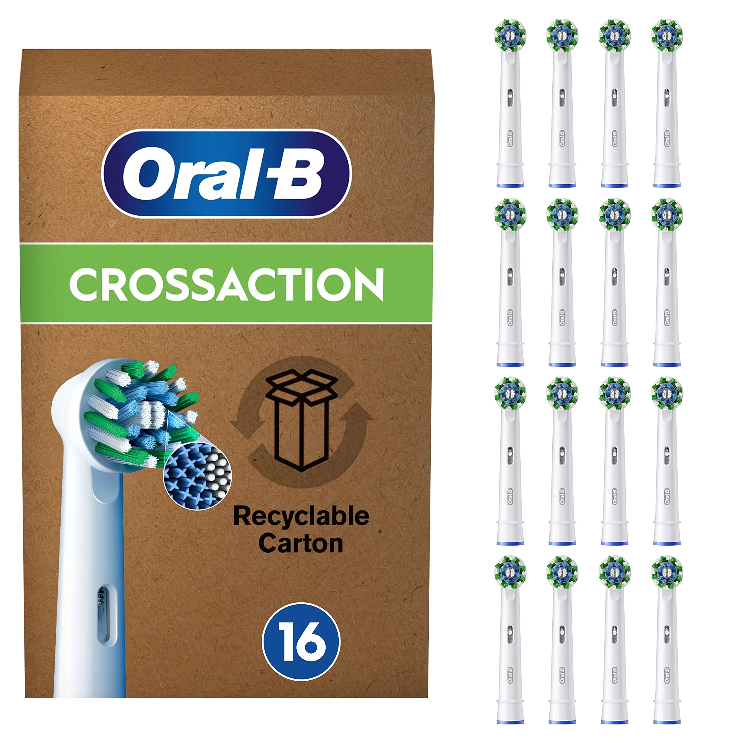 Oral-B Cross Action Testine Spazzolino Elettrico, Confezione da 16 Testine di Ricambio per Spazzolino Elettrico Oral B, Setole Angolate che si Adattano a ogni Dente per una Pulizia Profonda