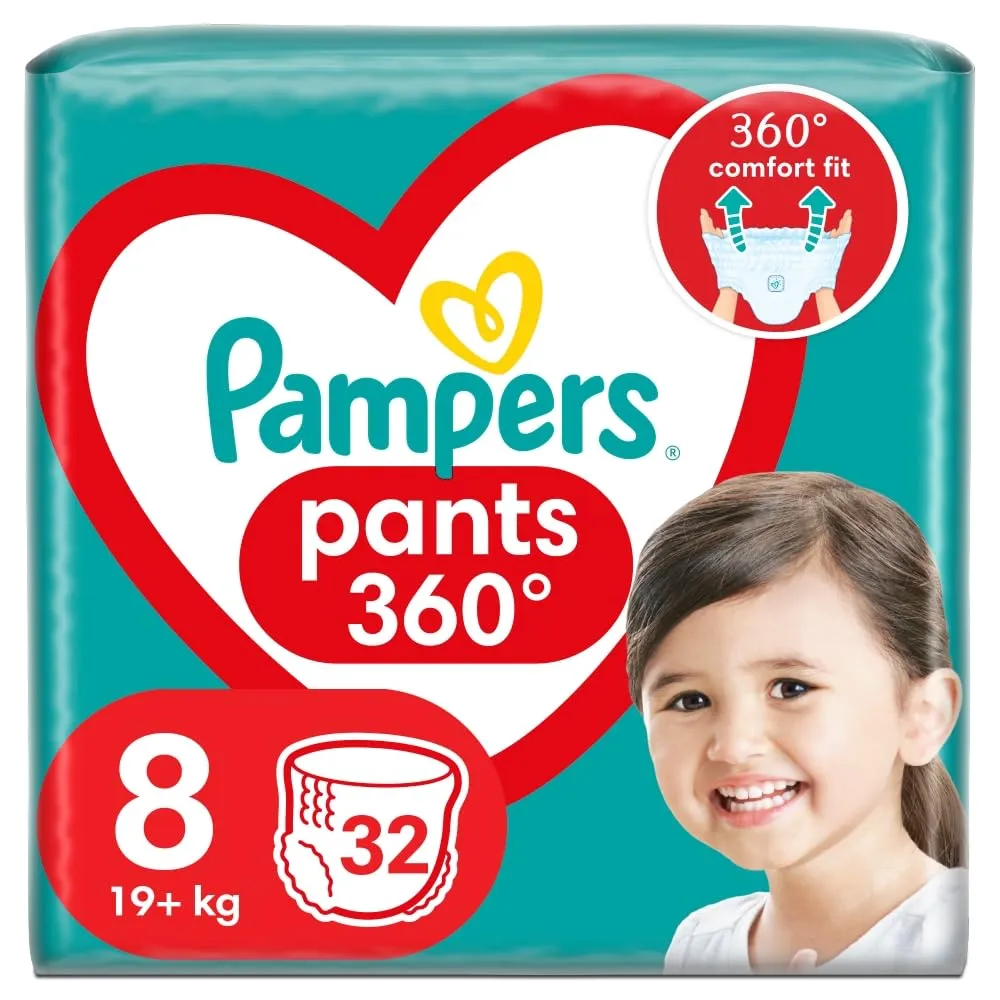 Pampers Pannolini taglia 8 (19+ kg), 32 pezzi pannolini con chiusura a sacchetto e protezione anti perdite sul retro