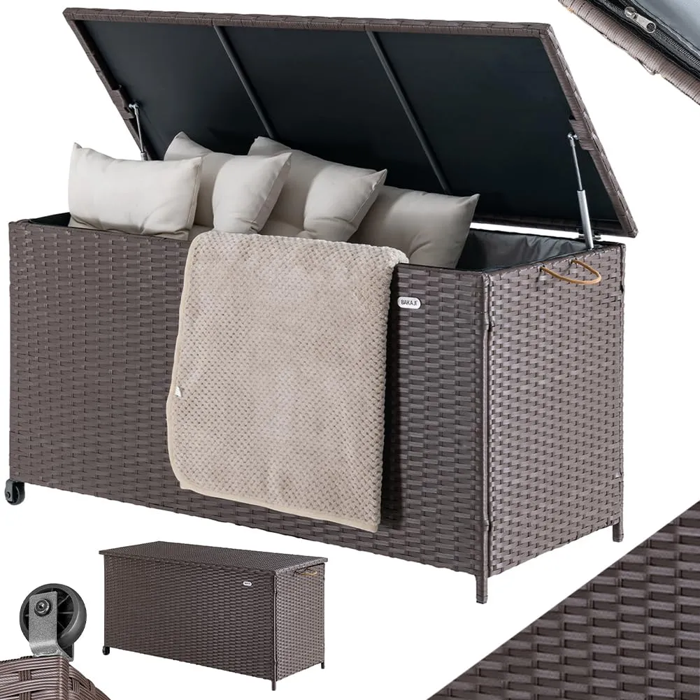 BAKAJI Baule Portaoggetti da Giardino in Polyrattan 420 Litri, Box da Esterno Impermeabile Resistente ai Raggi Uv, Cassapanca XXL con Ruote per Trasporto e Maniglia, 121 x 55 x 60 cm (Crema)