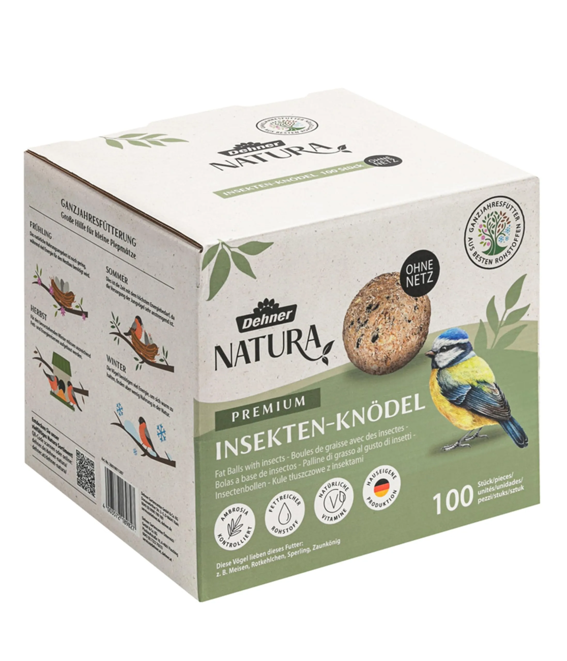 Dehner Natura Premium palline di insetti senza rete, ricche di proteine ed energia, cibo di alta qualità per uccelli selvatici, 100 pezzi da 90 g ciascuno (9 kg), scatola certificata FSC