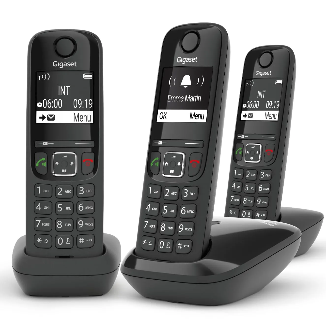 Gigaset AS690 Trio Telefono Cordless: 3 Portatili per Chiamate Interne ed Esterne in Parallelo, Vivavoce Alta Qualità, Tastiera Illuminata ed Ampio Display, Nero [Versione Italiana]