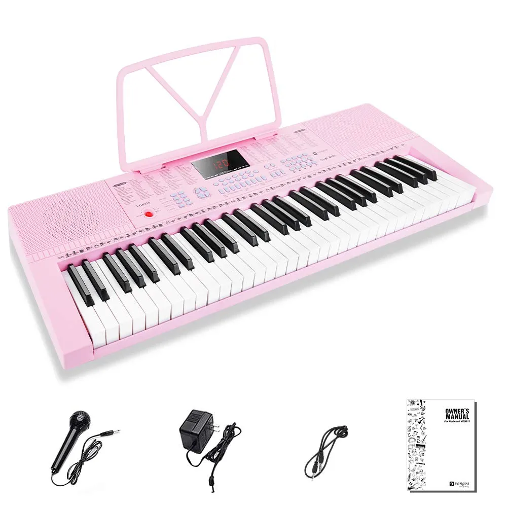 Vangoa VGK610 Tastiera per pianoforte, 61 mini tasti tastiera musicale portatile per principianti con microfono, 3 modalità di insegnamento, 350 toni, 350 ritmi, 30 demo, rosa