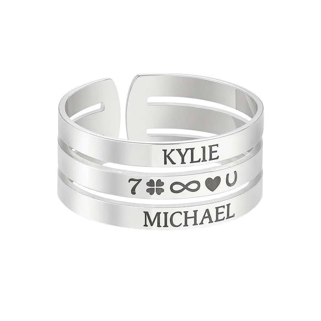 Anello Personalizzato a 3 Fasce in Acciaio Inossidabile – Incisione Gratuita – Regalo Unisex – Gioiello con Testo Personalizzabile Sopra, Centro e Sotto