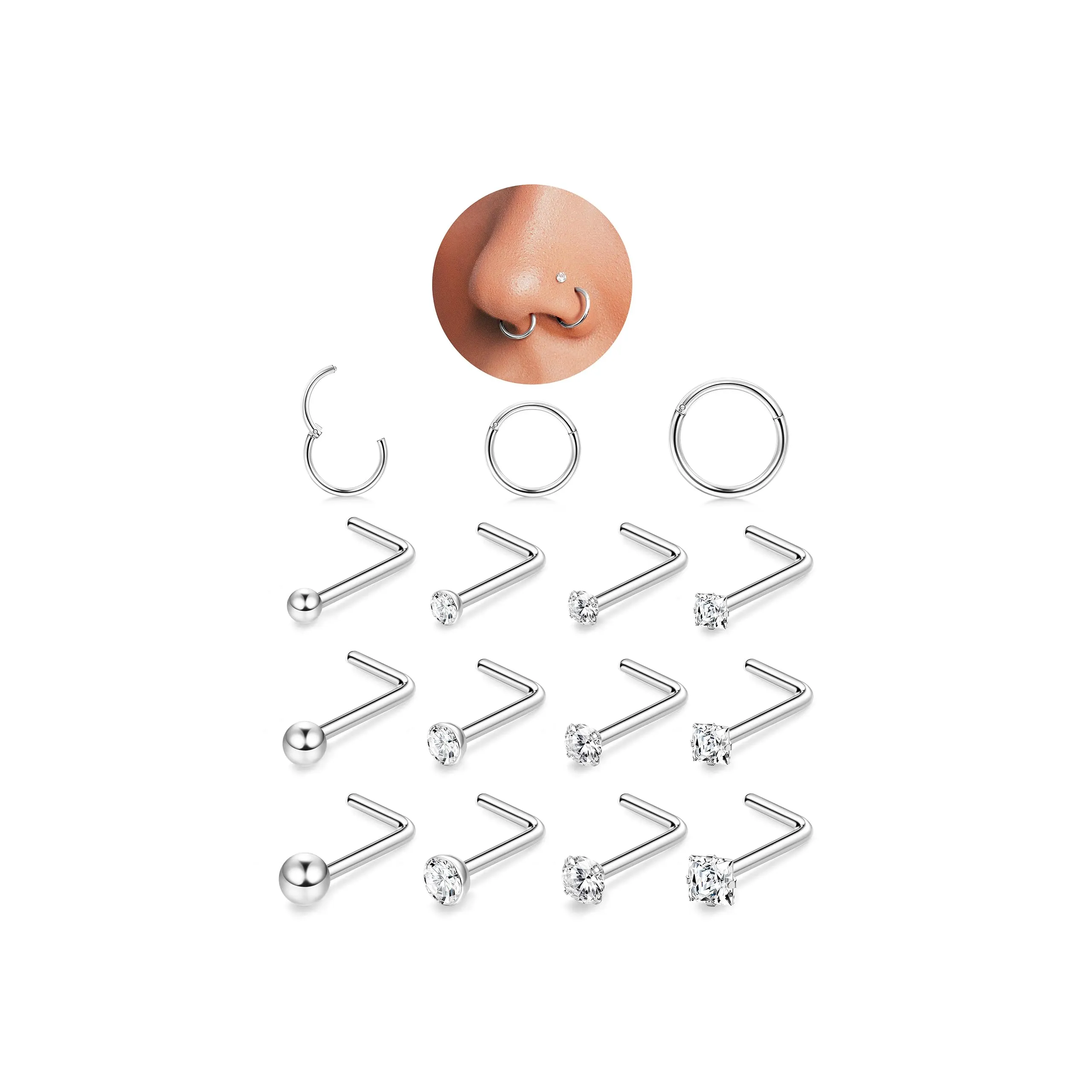 FIOROYAL 20G e 18G Piercing Naso in Oro 14K e Acciaio Chirurgico, Anello e Brillantino CZ, Orecchini Naso Argento 6/8/10mm