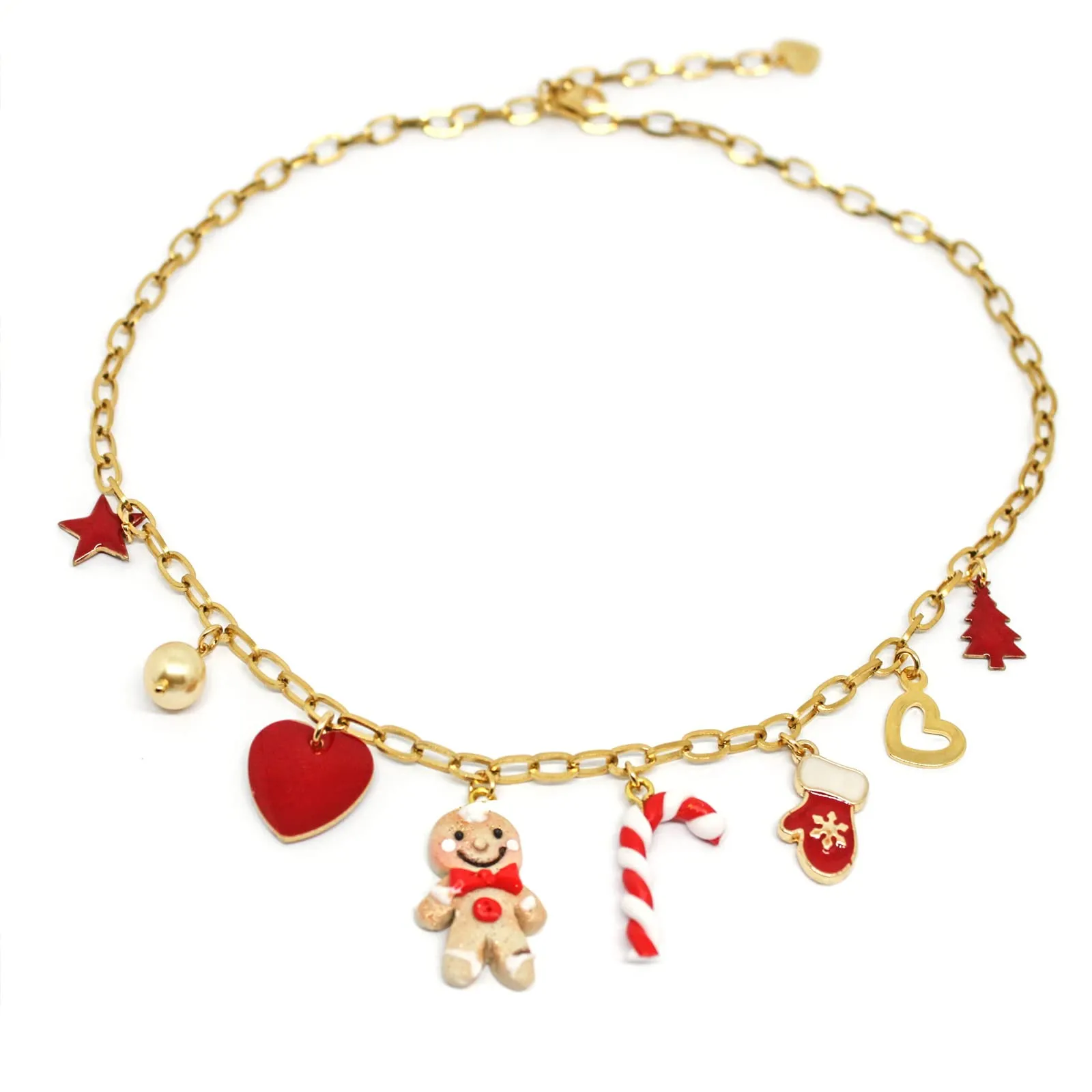 Collana girocollo con omino pan di zenzero e charms natalizi - collana natalizia - collana omino pan di zenzero