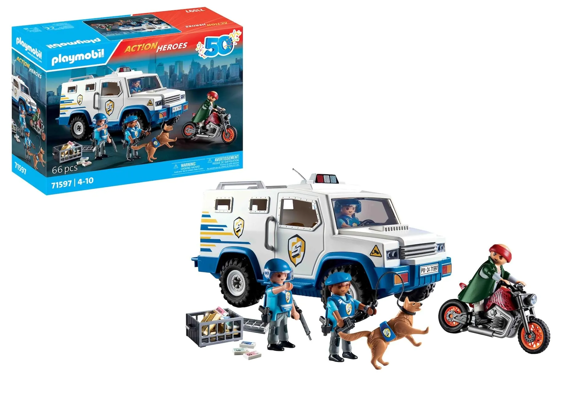PLAYMOBIL Action Heroes 71597 Furgone Portavalori, inseguimento mozzafiato, tra cui tre poliziotti, un ladro in moto e un cane poliziotto, giocattolo per bambini dai 4 anni in su