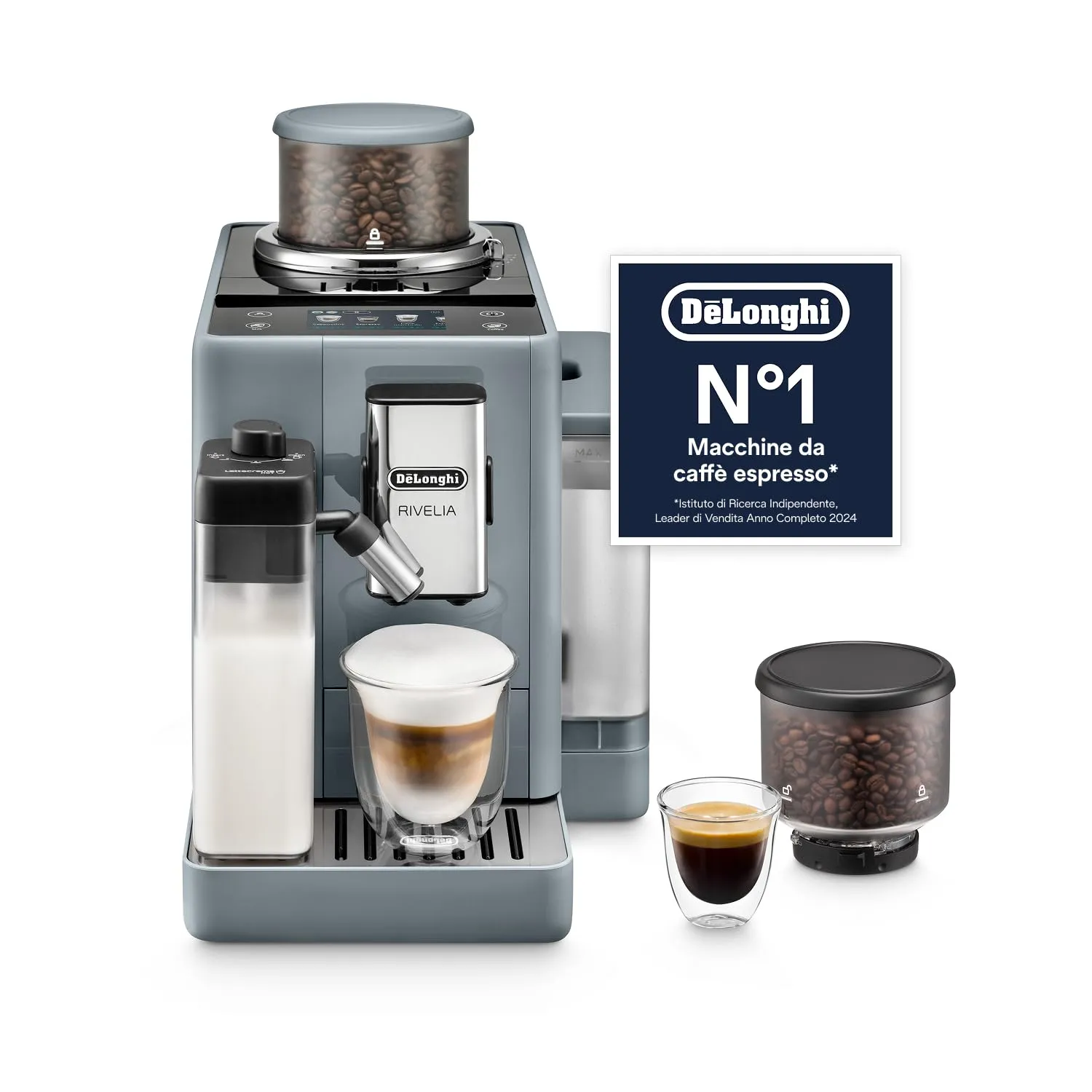 De'Longhi Rivelia Perfetto EXAM440.55.G, Macchina da Caffè Automatica, Chicchi Macinati al Momento, Portachicchi Intercambiabile, Caraffa Montalatte Automatica, Display Touch, Grigio