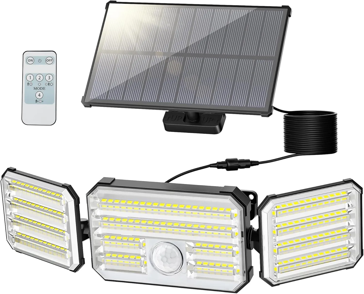 Faretto Led da Esterno Solare con Sensore di Movimento, Luce Solare Led Esterno con Funzione Allarme, 4 Modes IP67 Impermeabile Lampada Solare da Esterno con Telecomando e Pannello Solare per Giardino