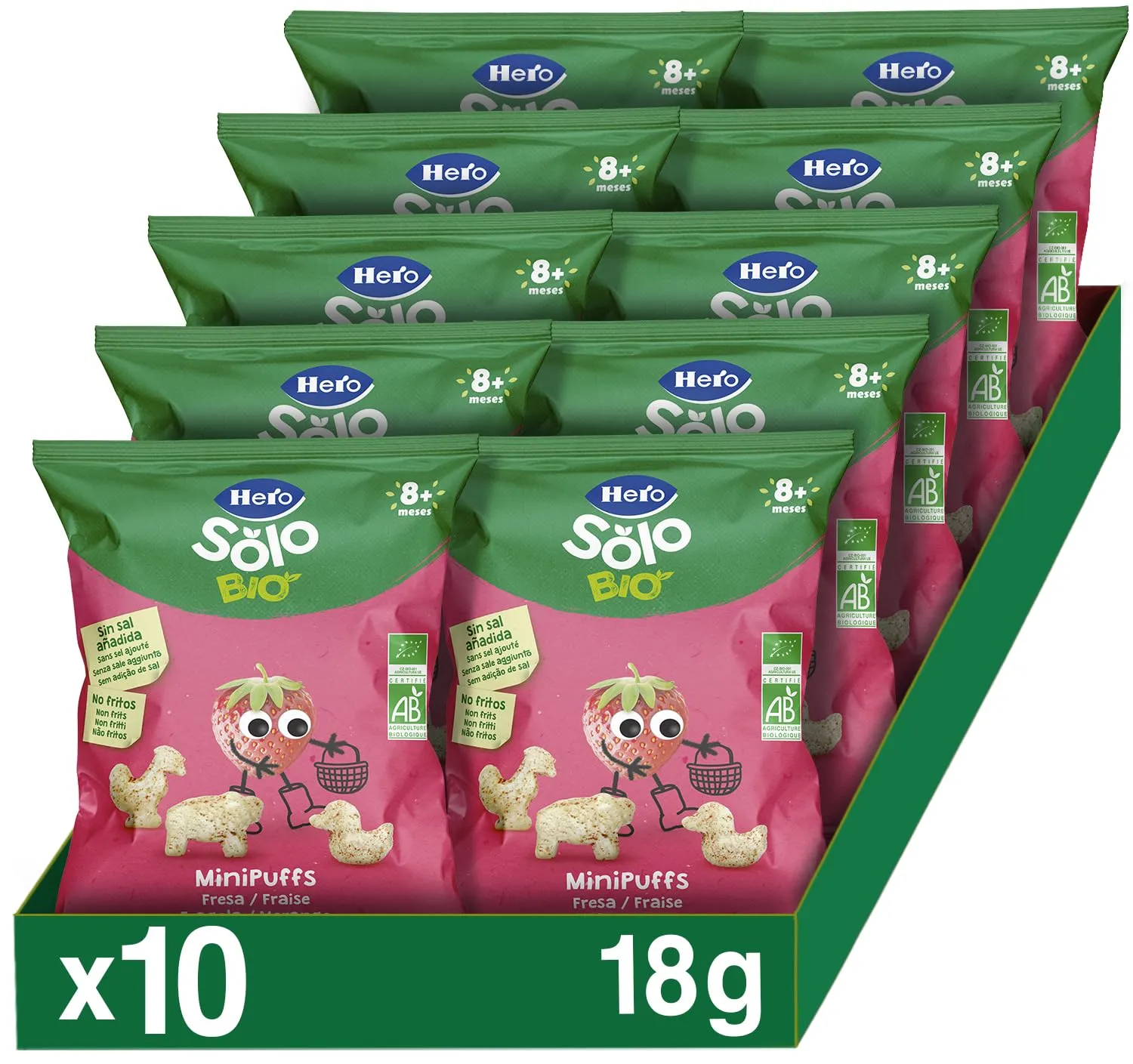 Hero Solo Bio, Snack Mini Puff alla Fragola 100% biologico, Senza Additivi, Non Fritti - 10 Confezioni da 18 gr