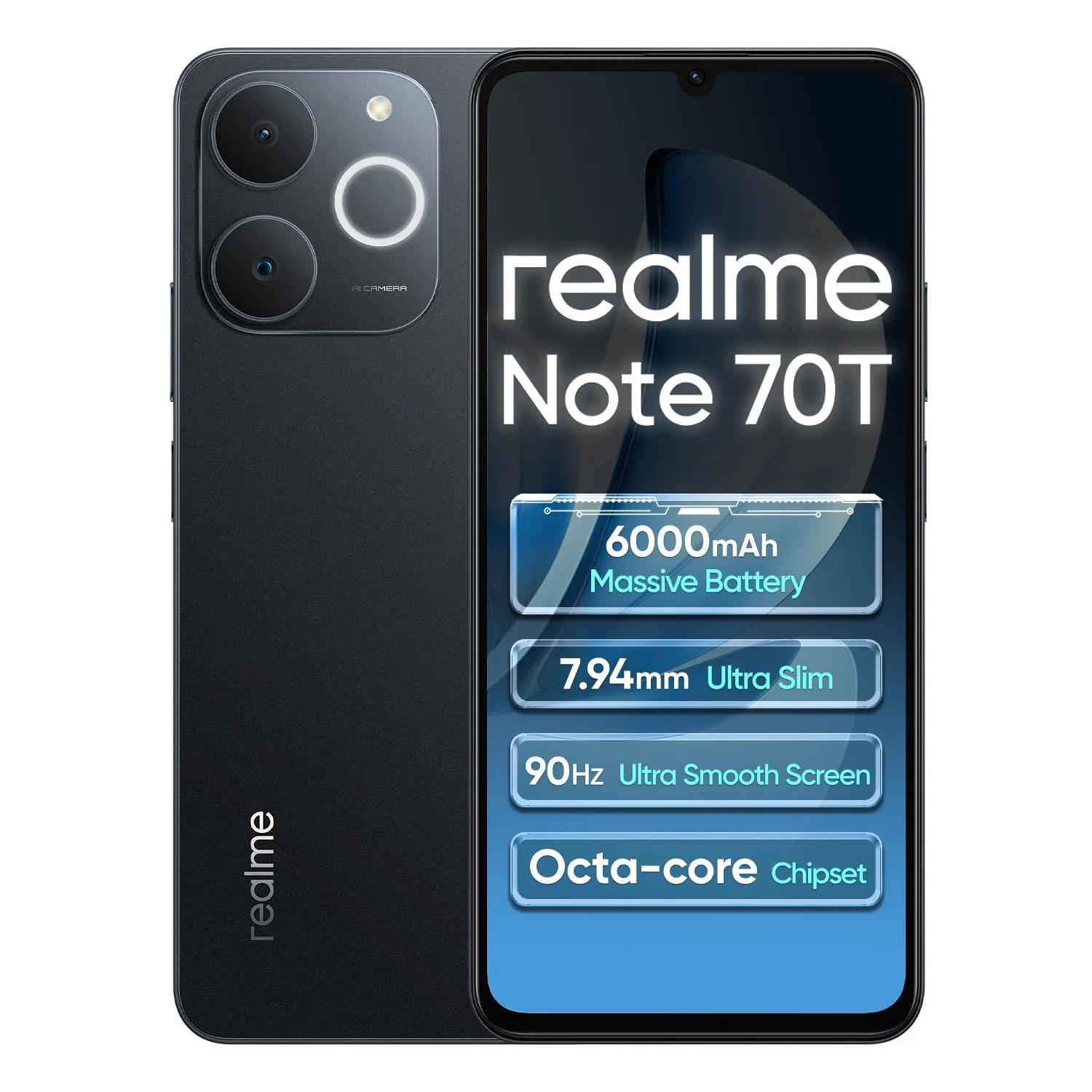 realme Note 70T 4G Smartphone 4+64GB, 6.75 pollici Schermo, Nero Obsidiana, 90Hz Display, 6000mAh Batteria, 32MP Fotocamera, Potente Processore Octa-core, Protezione ArmorShell, IP54