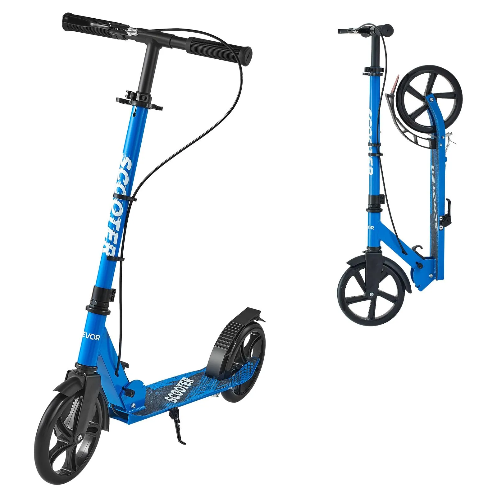 VEVOR Monopattino con 2 Ruote per Bambini da 8 Anni, Monopattino Pieghevole per Mobilità Urbana Carico max. 100kg Altezza Regolabile a 3 Livelli, Pedana Antiscivolo e Freno a Mano, Nero Blu