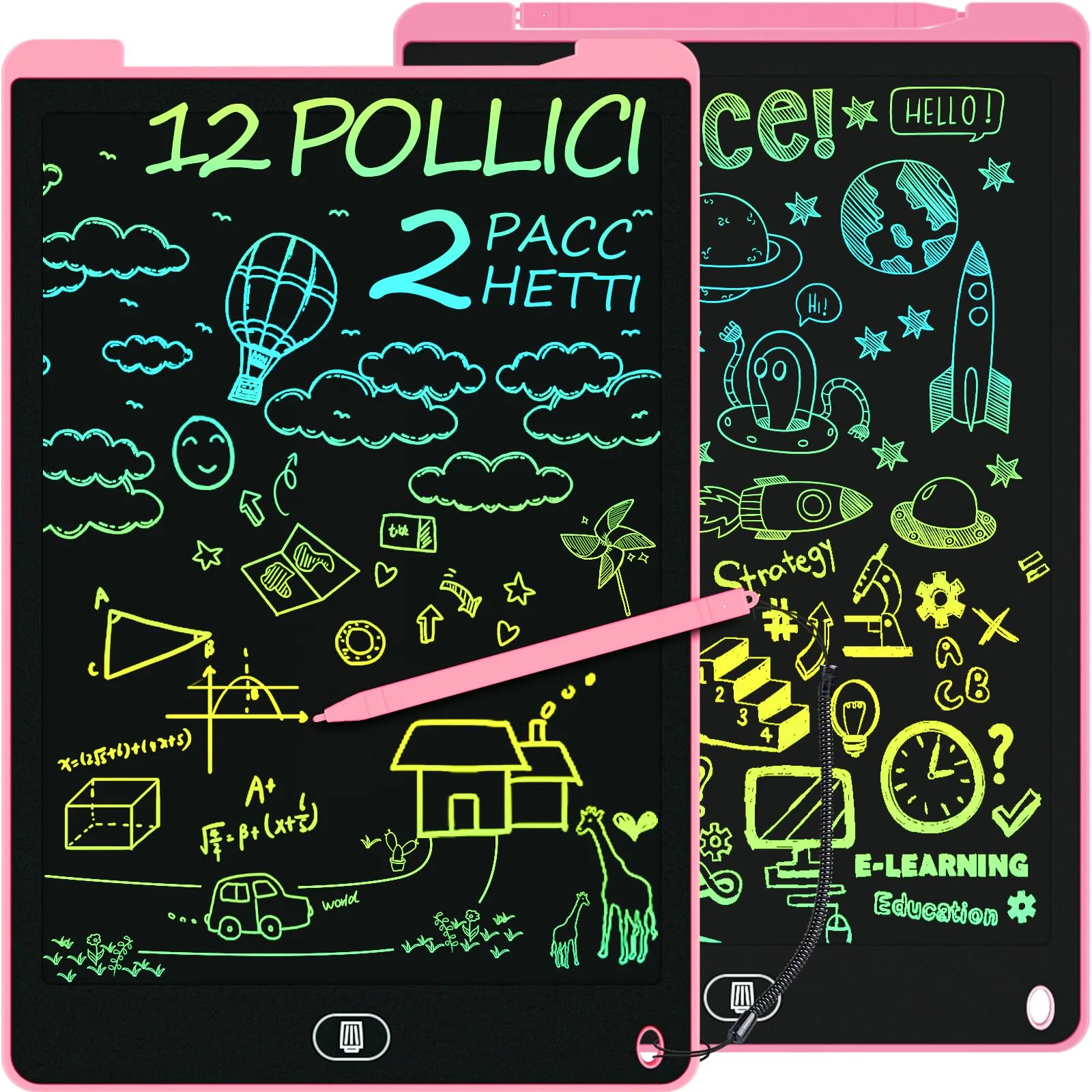 [2 Pacchi] 12 Pollici Tavoletta Grafica LCD Scrittura, Electight Tavoletta Grafica Disegno/Scrittura Bambini Colorato con Funzione di Cancellabile e Interruttore di Blocco, Regalo Bambini, Blu Rosa