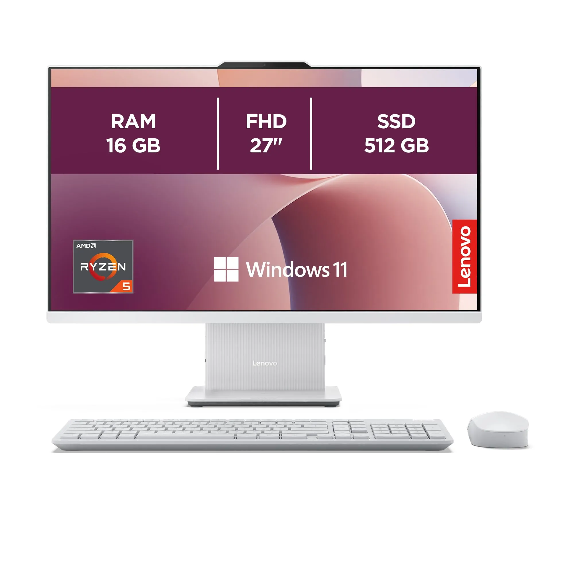 Lenovo IdeaCentre Computer desktop All-In-One, Display 27" FHD, AMD Ryzen 5 7535HS, 512GB SSD, RAM 16GB, Base ricarica smartphone wireless, Speakers, WiFi 6, Windows 11 H, Tastiera + Mouse Wireless
