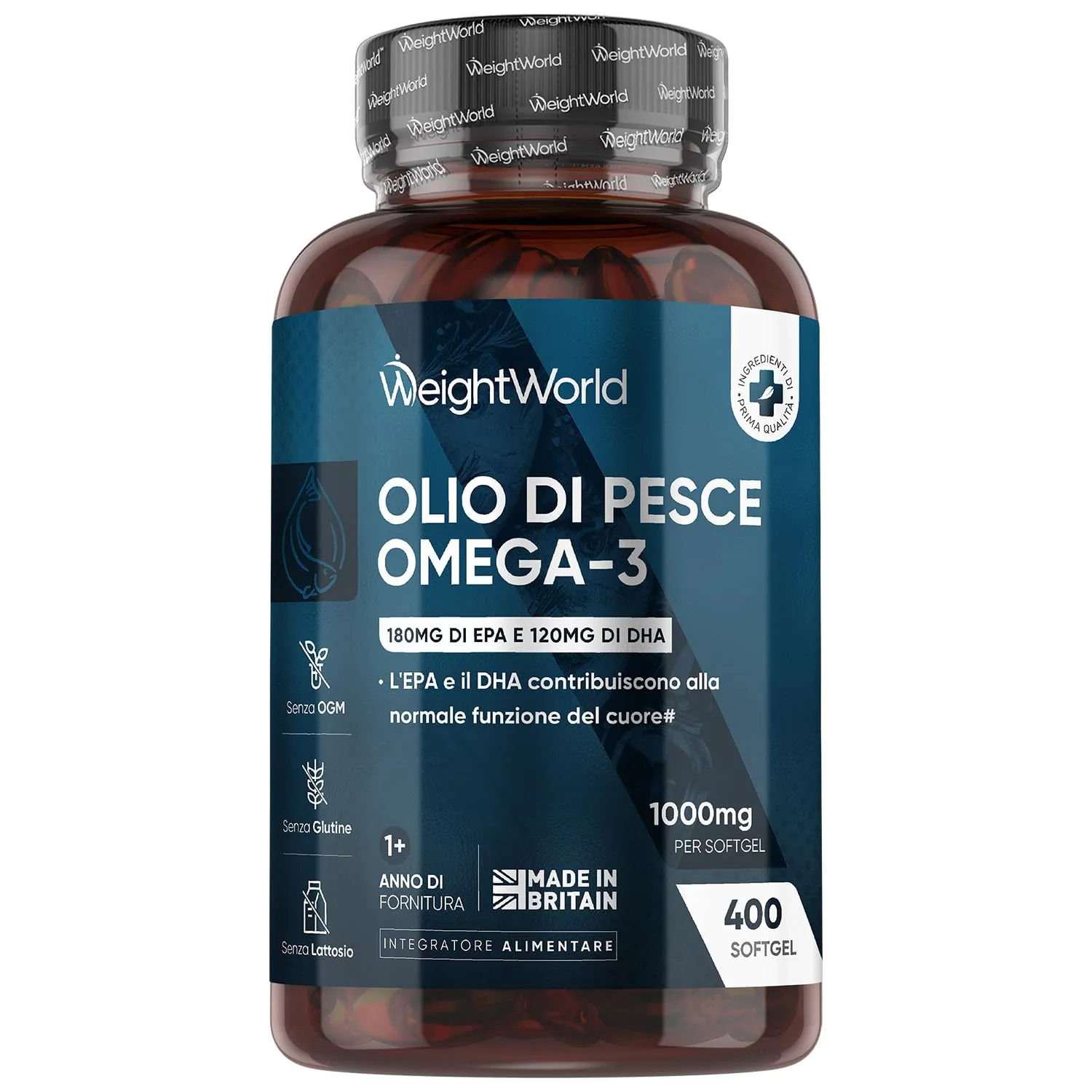 Omega 3 Olio di Pesce 400 Softgel (1+ Anno) Omega3 Senza Retrogusto, Cuore, Vista, Funzione Cerebrale, Fonte di Acidi Grassi Essenziali, Olio di Pesce Omega 3 Alto Dosaggio EPA DHA, Omega 3 1000mg