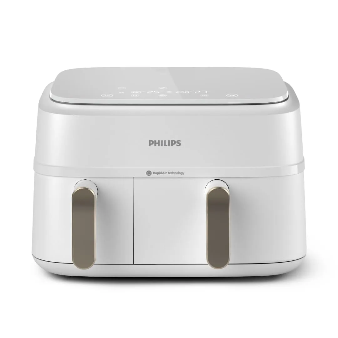 Philips Airfryer Dual Basket 3000 Series, 9 l, 2 cestini, 2 piatti pronti contemporaneamente, tecnologia ad aria calda RapidAir Plus, 90% in meno di grassi, risparmio energetico, app per ricette