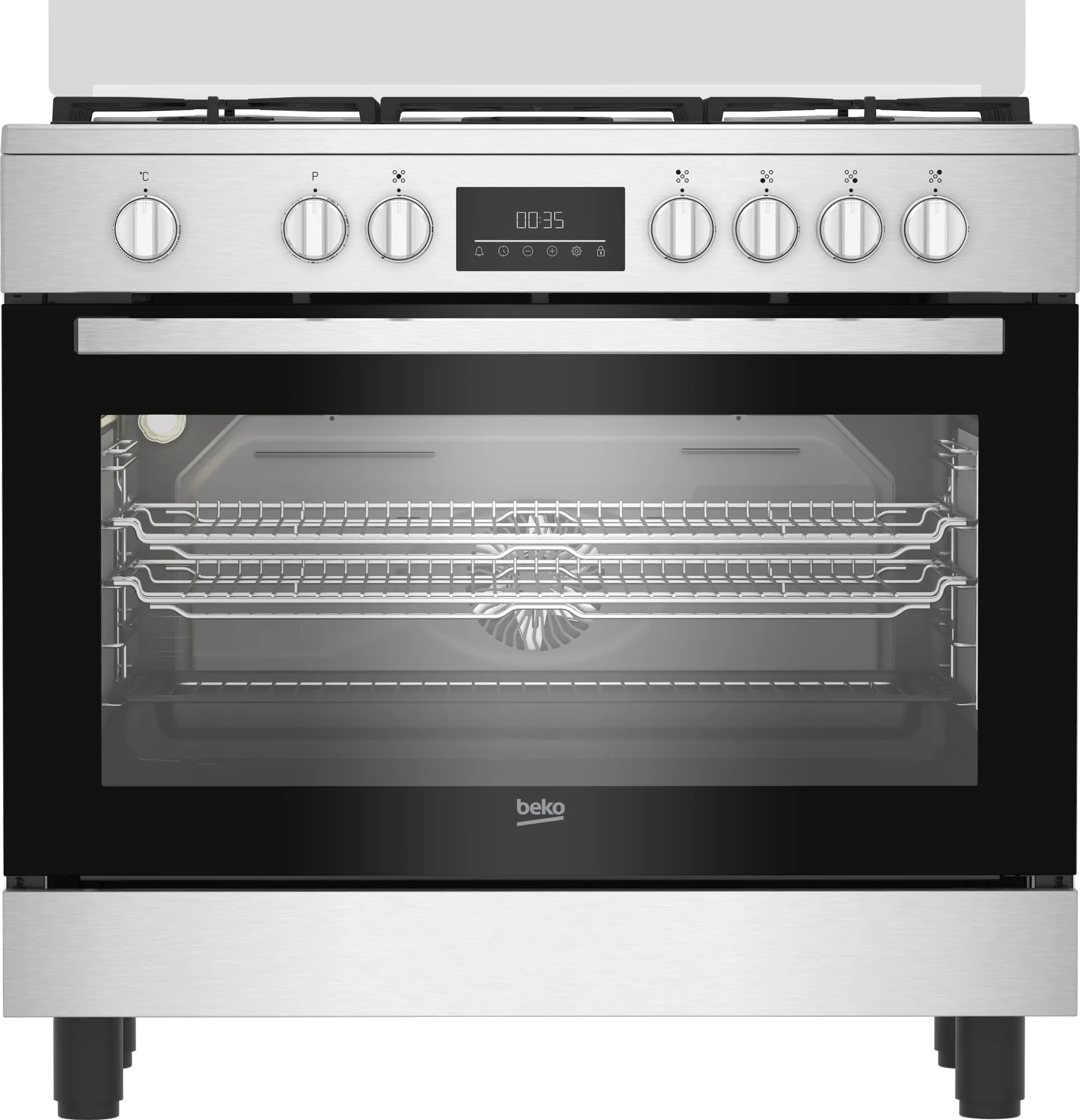 Beko Cucina a Gas 90x60 cm, BGM11226EX, Serie bPRO 500 Forno Multifunzione 111L, Piano Cottura 5 Fuochi con Tripla Corona, Griglie in Ghisa, Touch Control, Inox/Nero, Classe A+
