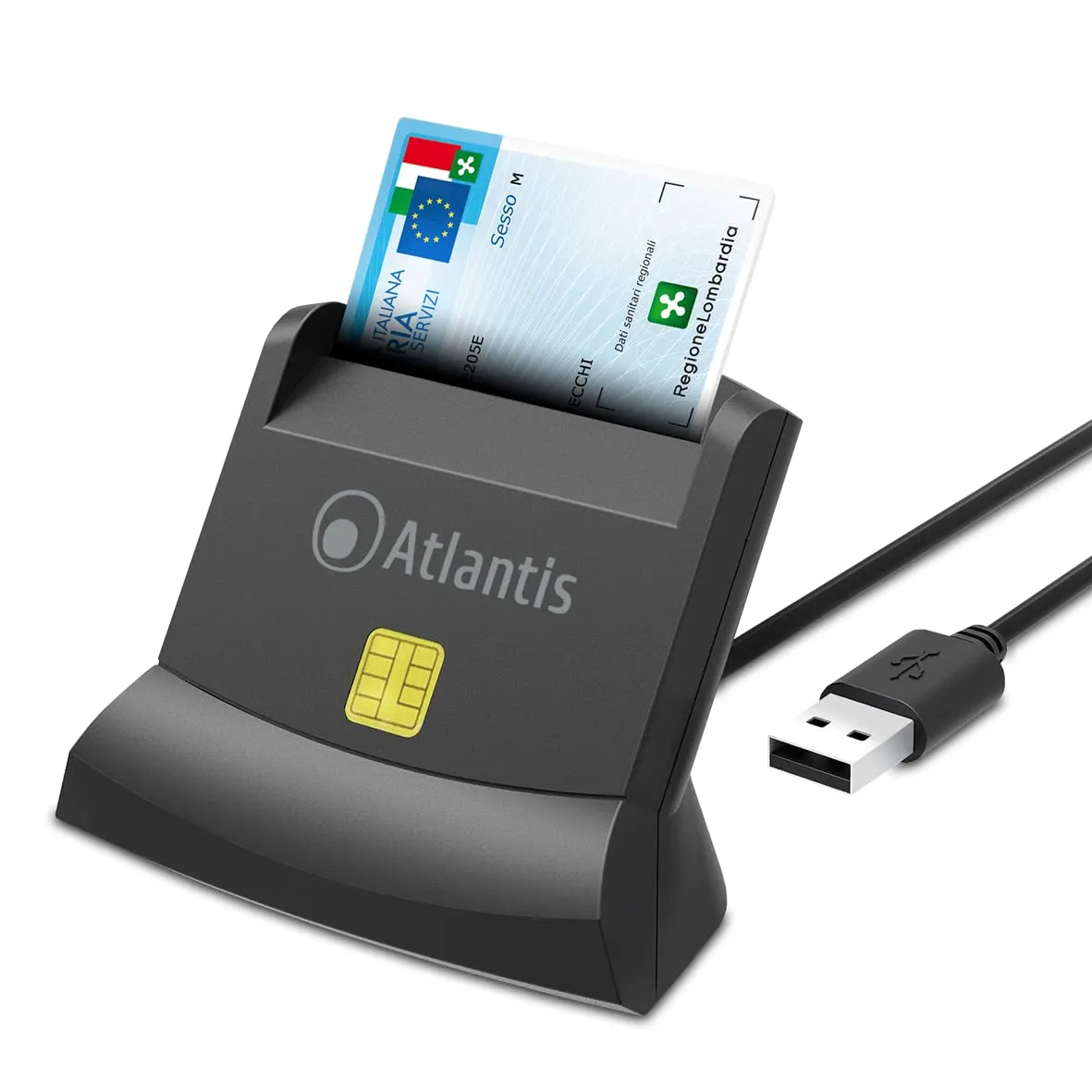 Atlantis Lettore Smart Card Reader per tessera sanitaria, CNS carta nazionale dei servizi, Carta ATe della PA, attivazione spid, firma digitale, per Pc e Notebook, porta USB. Cod. P005-SMARTCRV-U