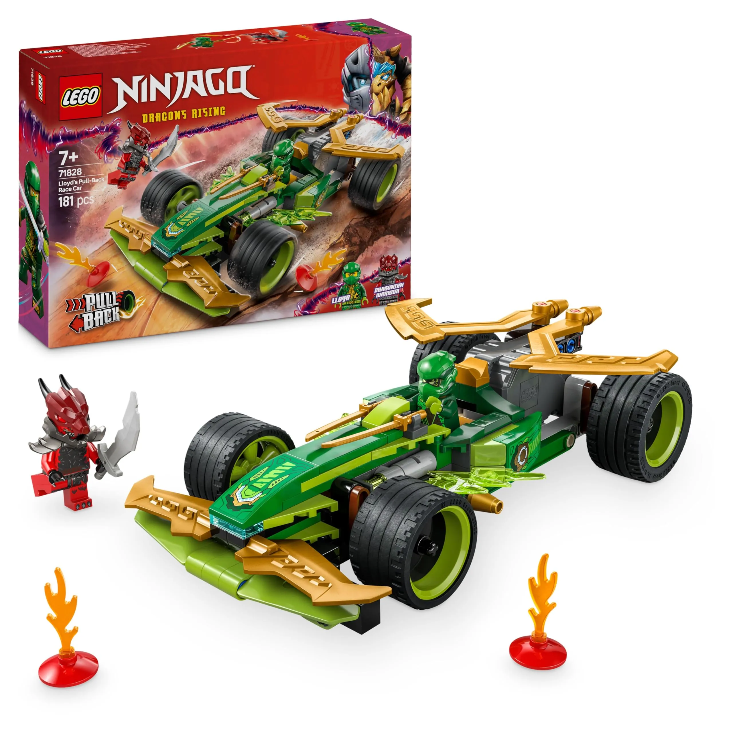 LEGO NINJAGO Racer Pull-Back di Lloyd - Modello di Auto da Corsa Giocattolo con 2 Minifigure, Armatura, Spade e Elementi Fulmine, Giochi per Bambini e Bambine da 7 Anni Fan delle Macchine Ninja 71828