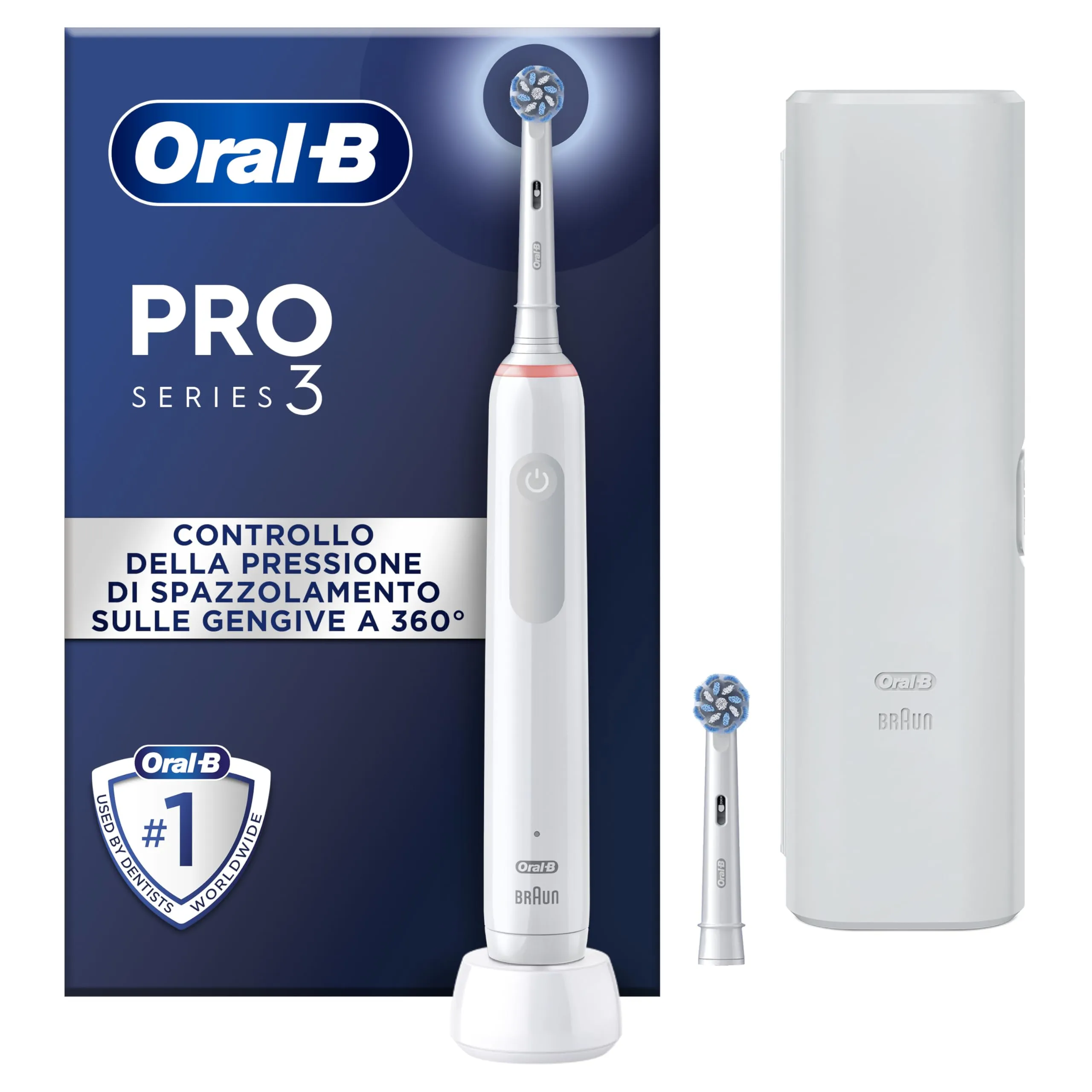 Oral-B Spazzolino Elettrico Ricaricabile Pro 3 3500N, Sensore di Pressione Luminoso, Batteria a Lunga Durata, 2 Testine, 1 Spazzolino Elettrico, 1 Custodia Viaggio, Nero, Idea Regalo