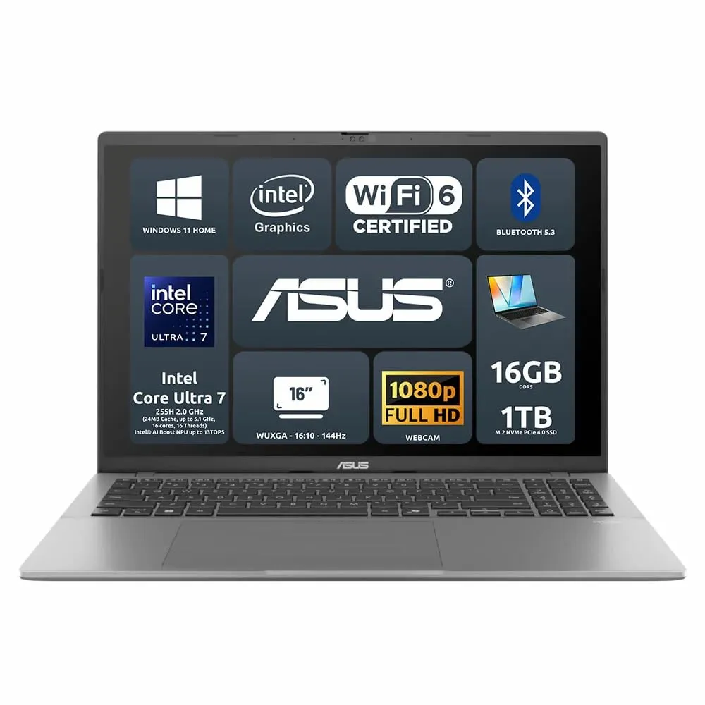 ASUS Vivobook S16 S3607CA, 16" WUXGA 16:10, intel Core ultra 7 255H, 16 GB RAM DDR5, Intel Arc Graphics, 1 TB SSD, Win 11 Home, Wi-Fi6, BT 5.3, Tastiera Retroilluminata