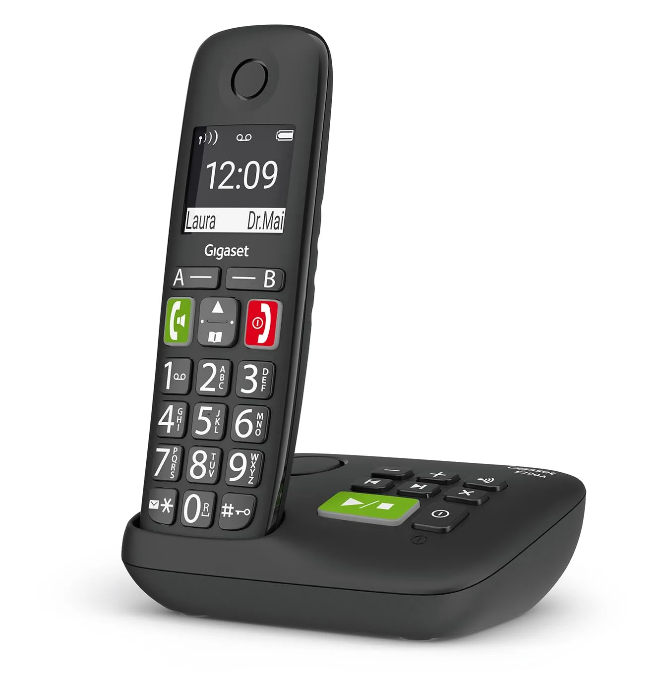 Gigaset E290A Telefono Portatile con Suonerie Forti, Numeri Grandi e Audio Potenziato, con Segreteria, Vivavoce con Volume Regolabile, Nero, Versione Italiana