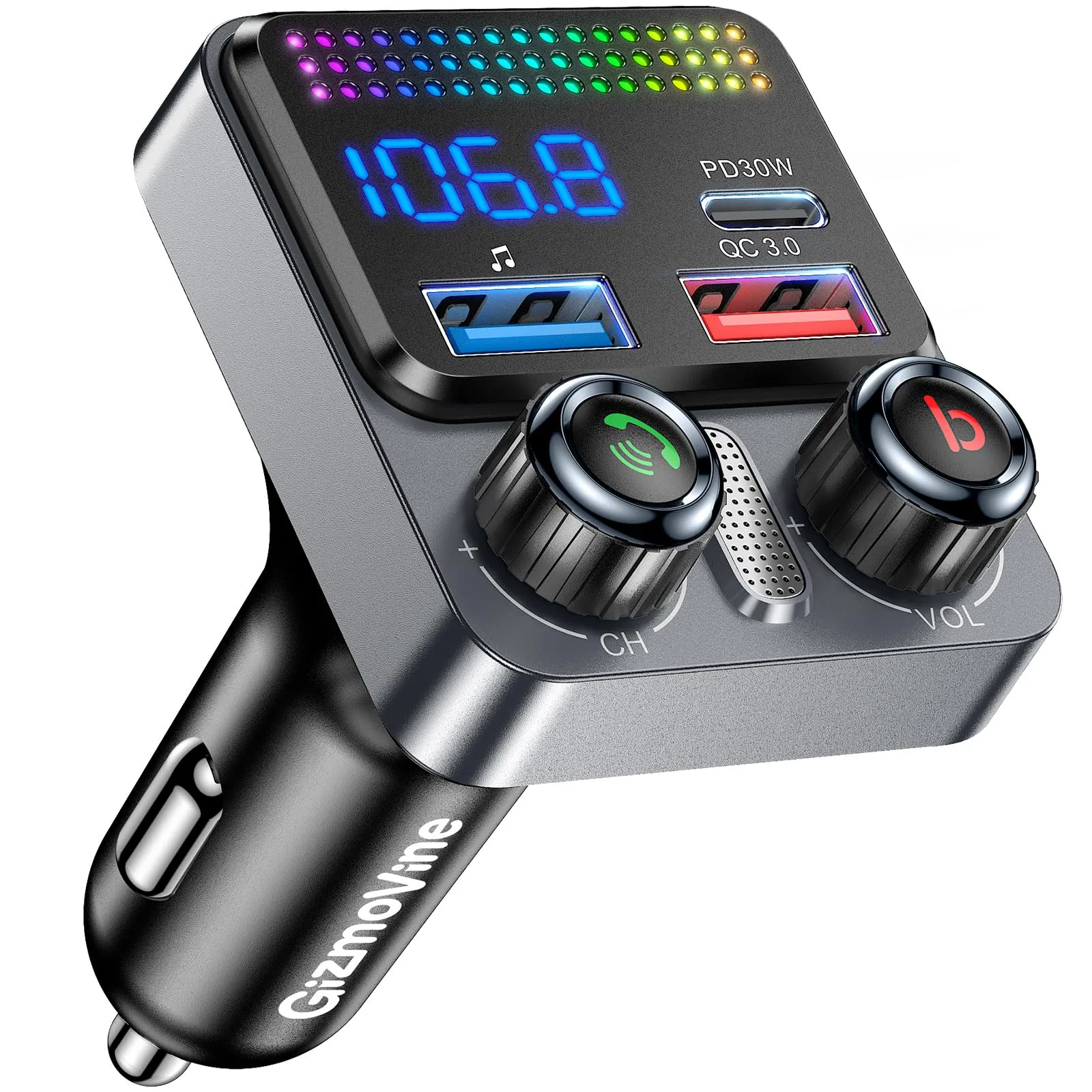 GizmoVine Trasmettitore FM per Auto, 48W Adattatore Bluetooth 5.4, 3 Porte Ricarica (PD 30W + QC3.0 18W), Musica Wireless, Basso Profondo, Chiamate Hands-Free, Assistente Vocale