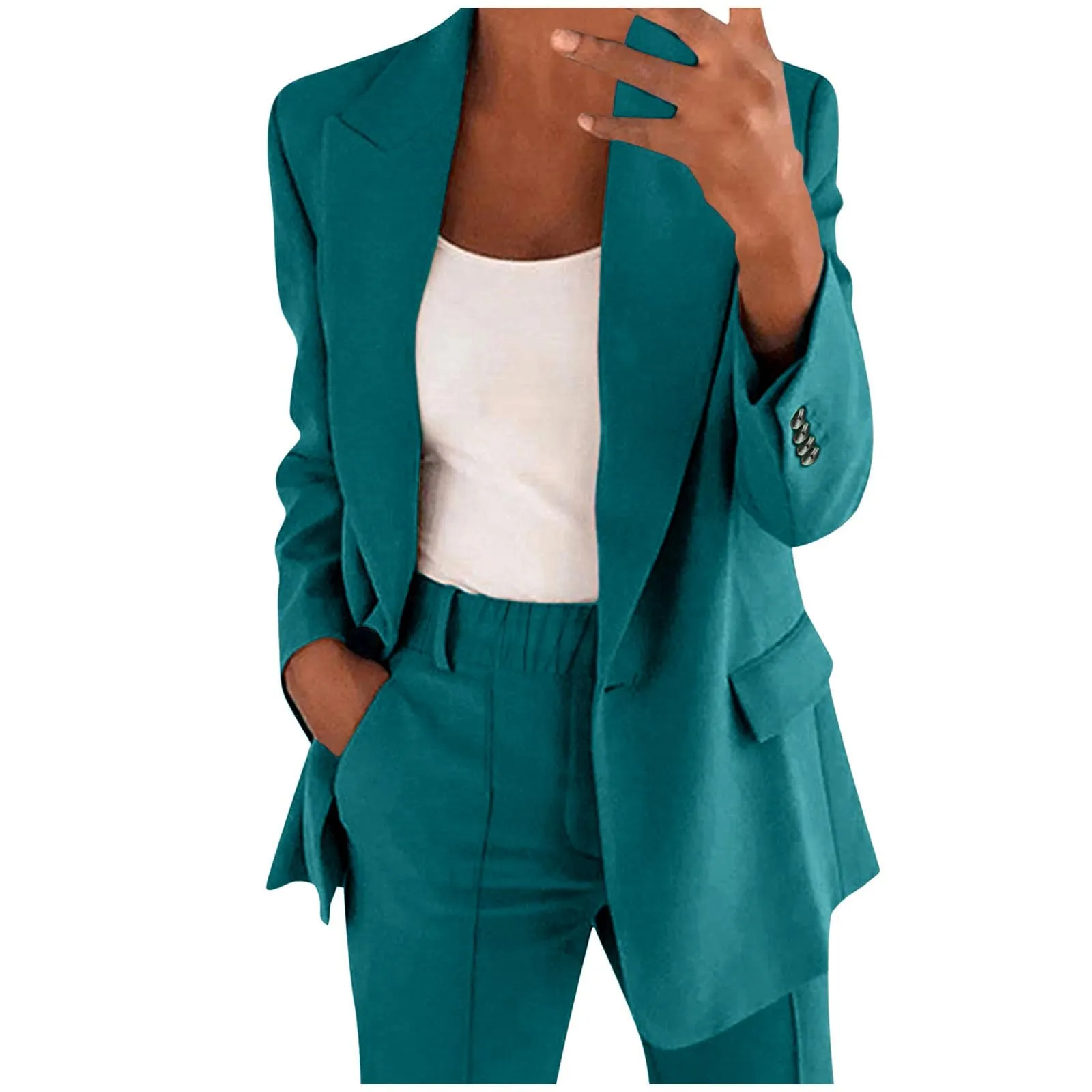 POIUIYQA 2 Pezzi Tute da Donna Elegante Manica Lunga Revers Blazer & Pantaloni Lavoro Ufficio Set di Abbigliamento Blazer Donna Elegante Cerimonia Curvy Maniche Lunghe