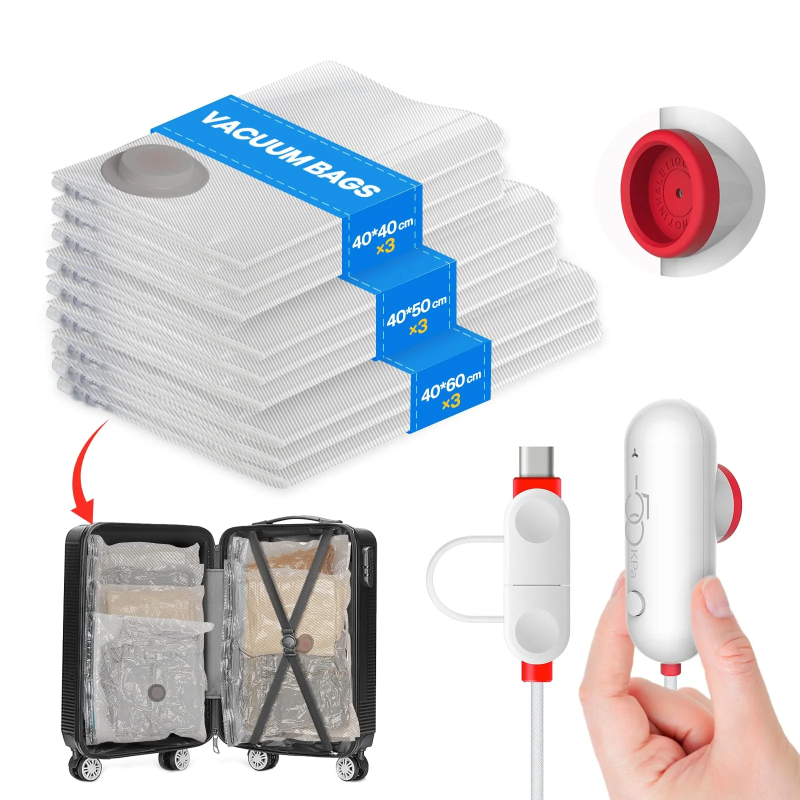 Vacbird Sacchi Sottovuoto Vestiti con Pompa Elettrica Usb, 9 Pezzi di Buste Sottovuoto (3x 40x40cm / 3x 40x50cm / 3x 40x60cm) Sacchetti Sottovuoto Vestiti Viaggio, Riutilizzabili, Salvaspazio