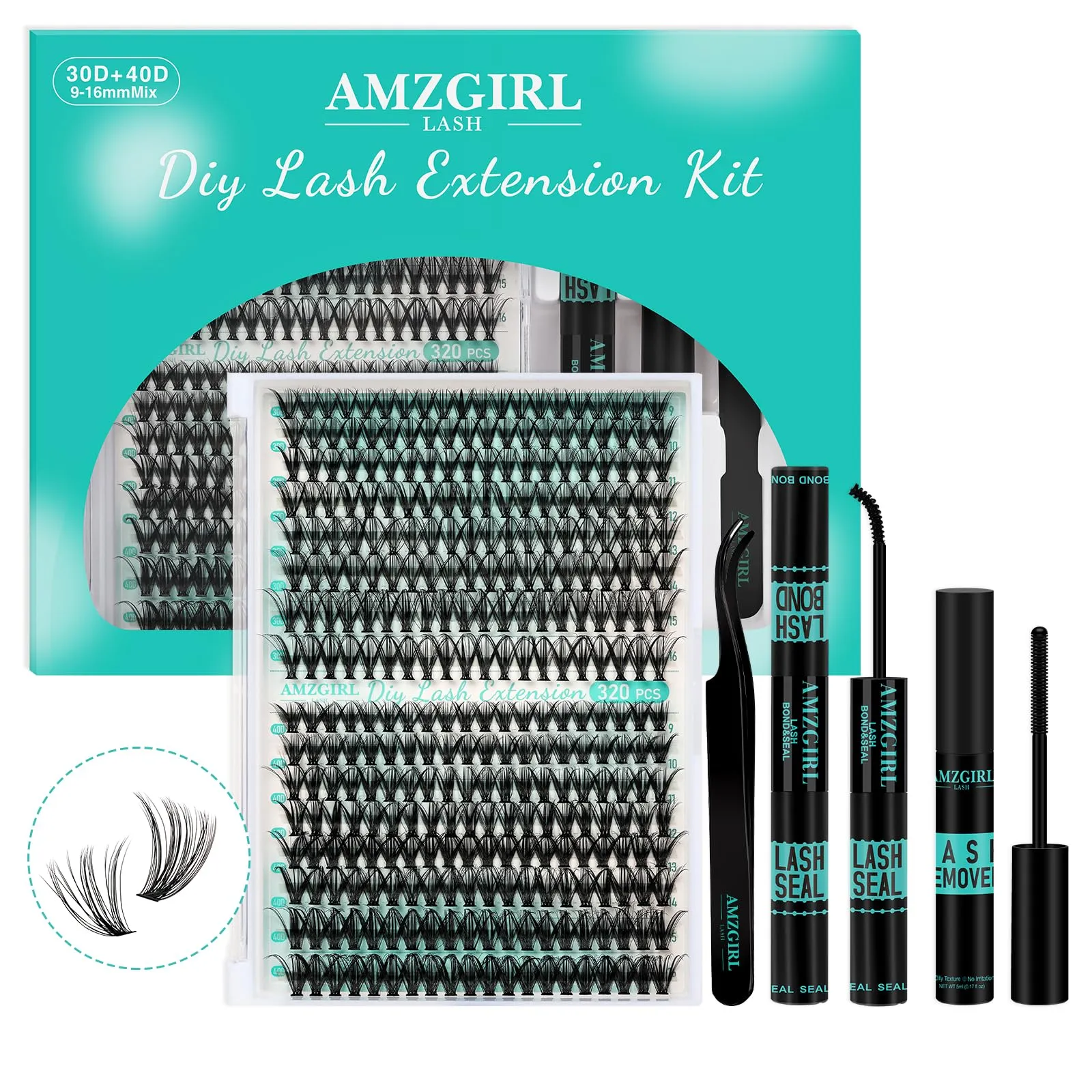 320PCS Kit Ciglia Extension 3040D DIY Kit Extension Ciglia Ciglia Finte Ciuffetti Extension Ciglia Nero Bond e Seal Glue Remover Pinzette(3040D, kit 9-16 mm)