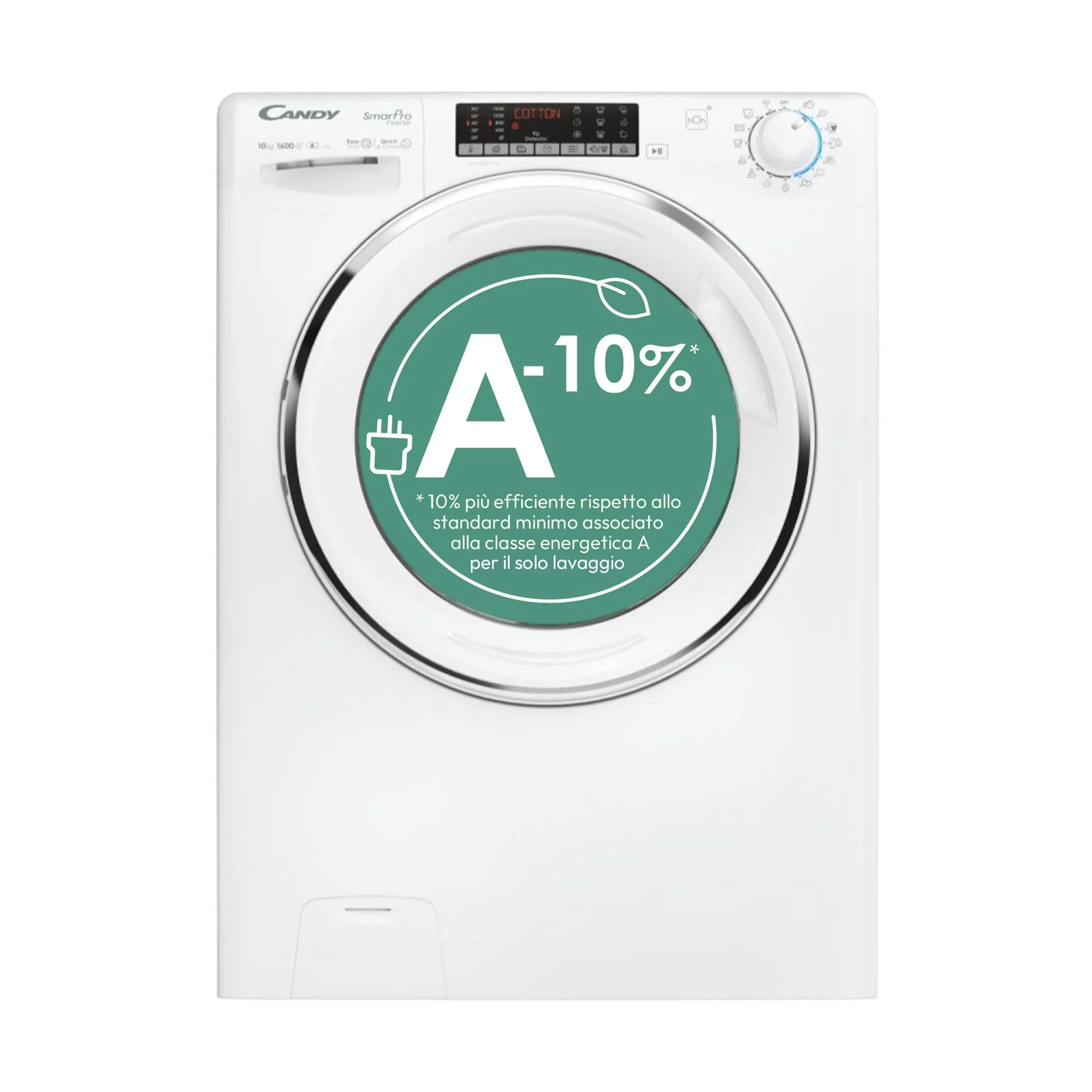 Candy Smart Pro Inverter CSO 6106TWMC1-S, Lavatrice a carica frontale, 10 KG, Classe A-10%, 1600 giri, 78 dB, Cicli Rapidi, 16 programmi, Bianco, AxLxP 85x60x58 cm