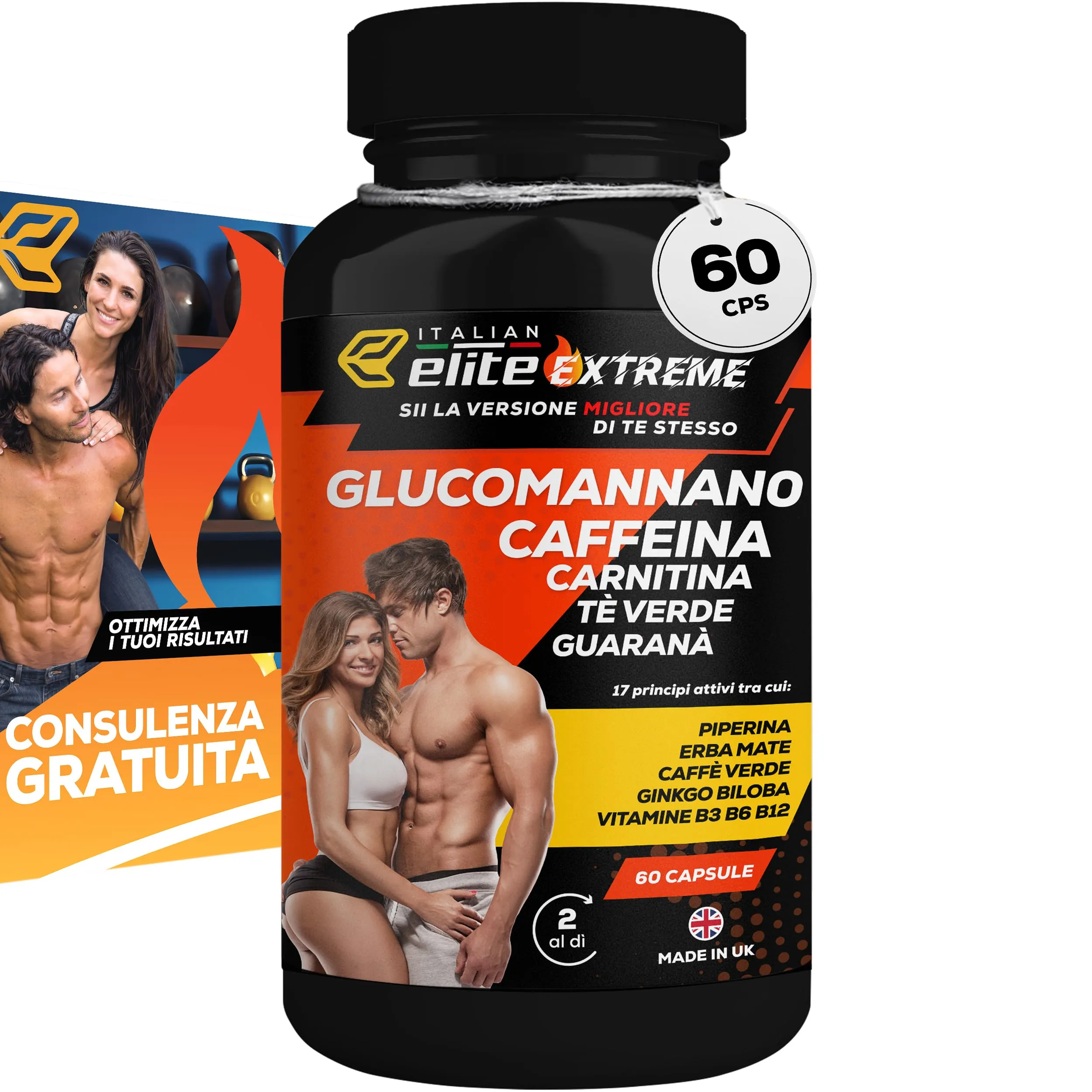 Italian Elite® Elite Extreme 60 Capsule. Integratore Alimentare con Caffeina, Tè Verde, Carnitina, Glucomannano, Aceto di Mele e Guaranà. Supporto a Stile di Vita Attivo Energia e Focus. Uomo e Donna