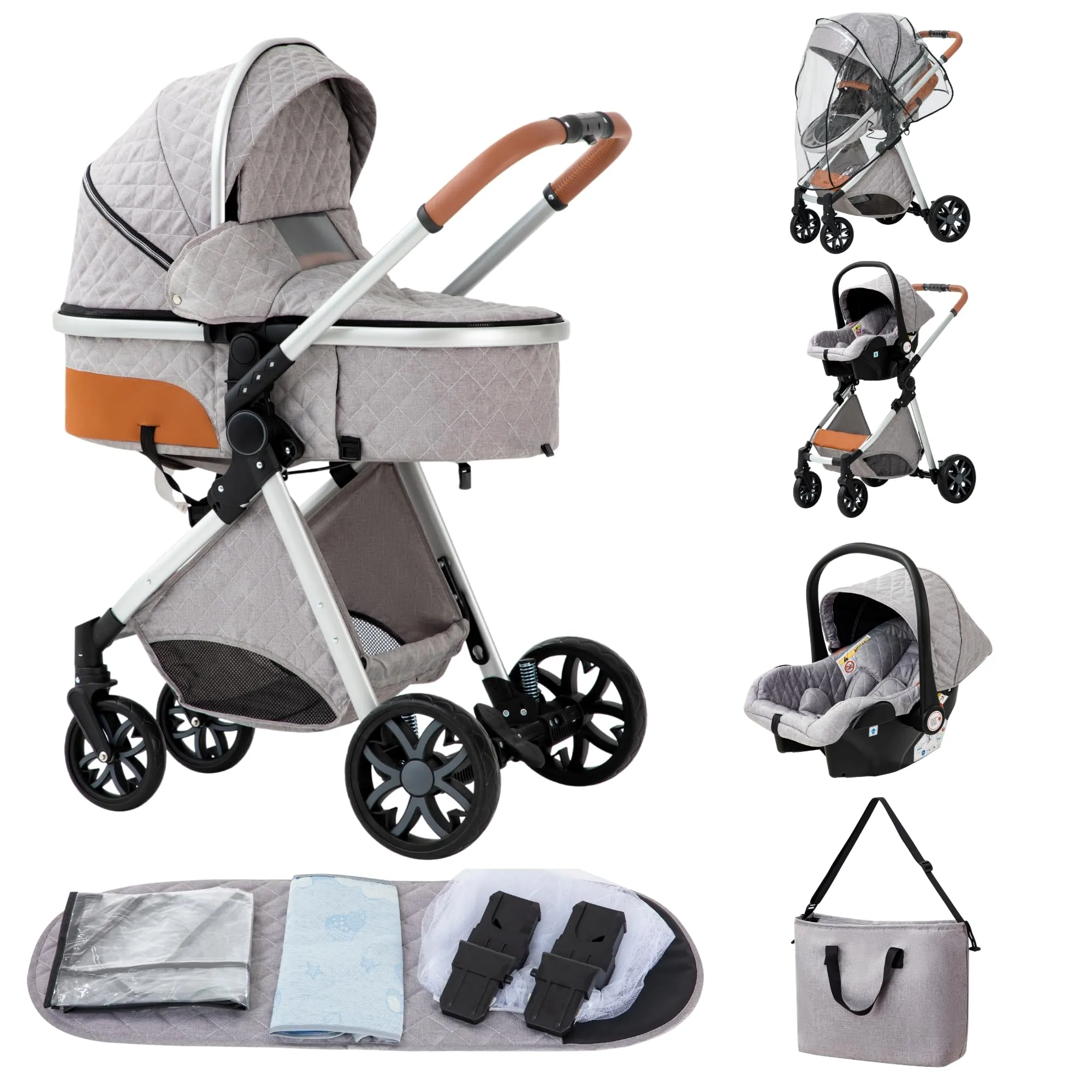 ALYIKOU trio passeggino neonati in offerta fino 25 kg,Carrozzina reversibile fronte mamma e strada, Pieghevole，Con borsa mamma, portabicchieri, copertura antipioggia