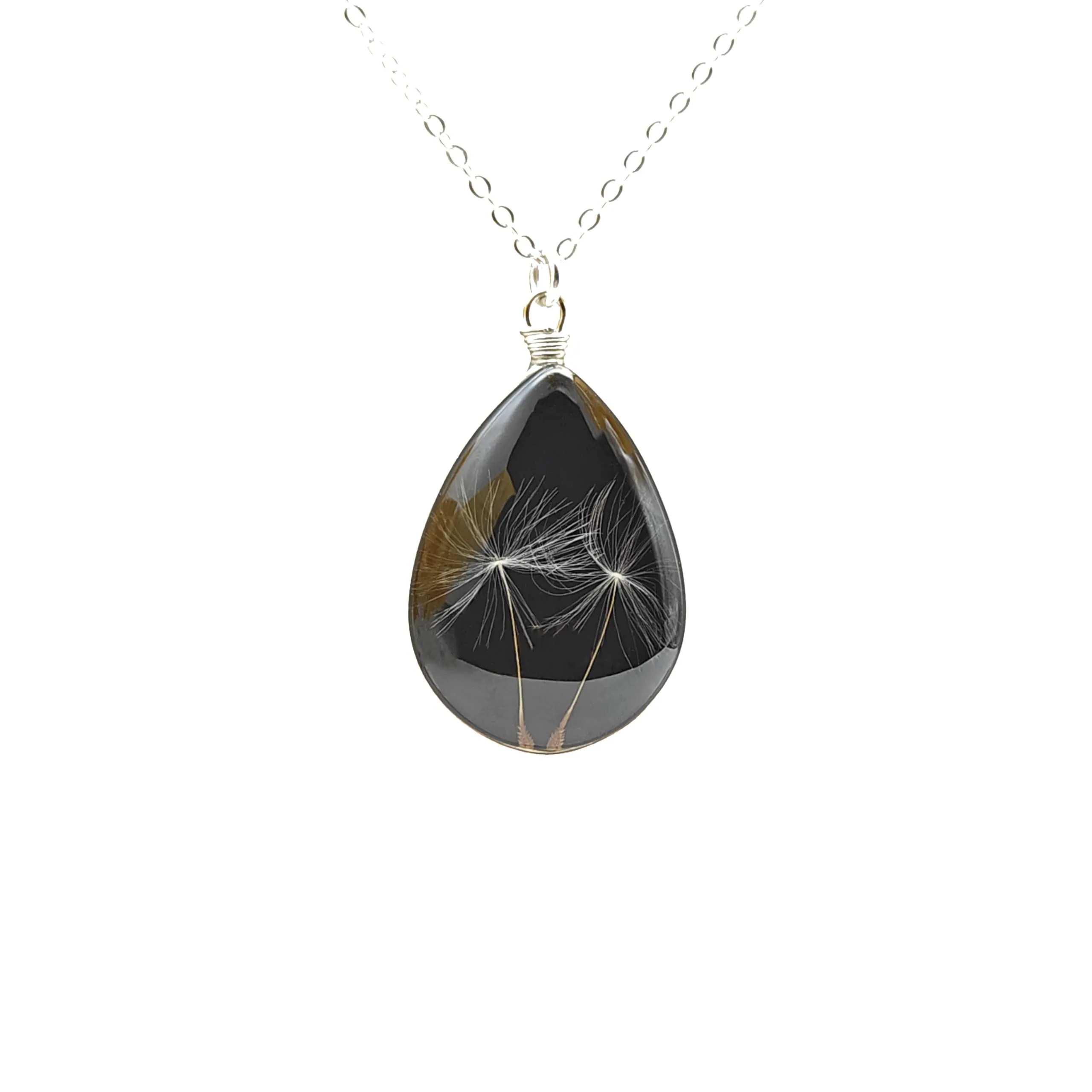 Dente di leone con 2 Desideri Tarassaco Real Fiore Goccia d'acqua Nero Vetro Argento Sterling 925 Collane Con pendenti Donna Handmade